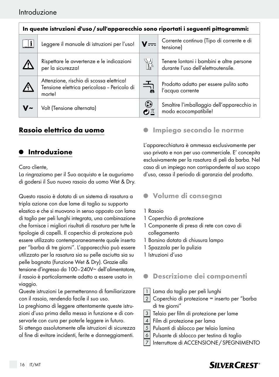 Rasoio elettrico da uomo, Introduzione, Impiego secondo le norme | Volume di consegna, Descrizione dei componenti | Silvercrest SFR 1200 A1 User Manual | Page 16 / 55