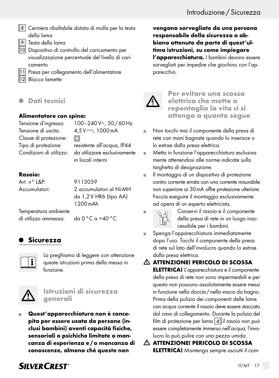 Introduzione / sicurezza, Dati tecnici, Sicurezza | Istruzioni di sicurezza generali | Silvercrest SFR 1200 A1 User Manual | Page 17 / 55