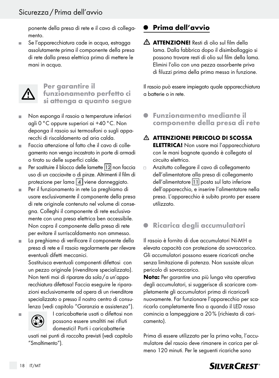 Sicurezza / prima dell’avvio, Prima dell’avvio, Ricarica degli accumulatori | Silvercrest SFR 1200 A1 User Manual | Page 18 / 55