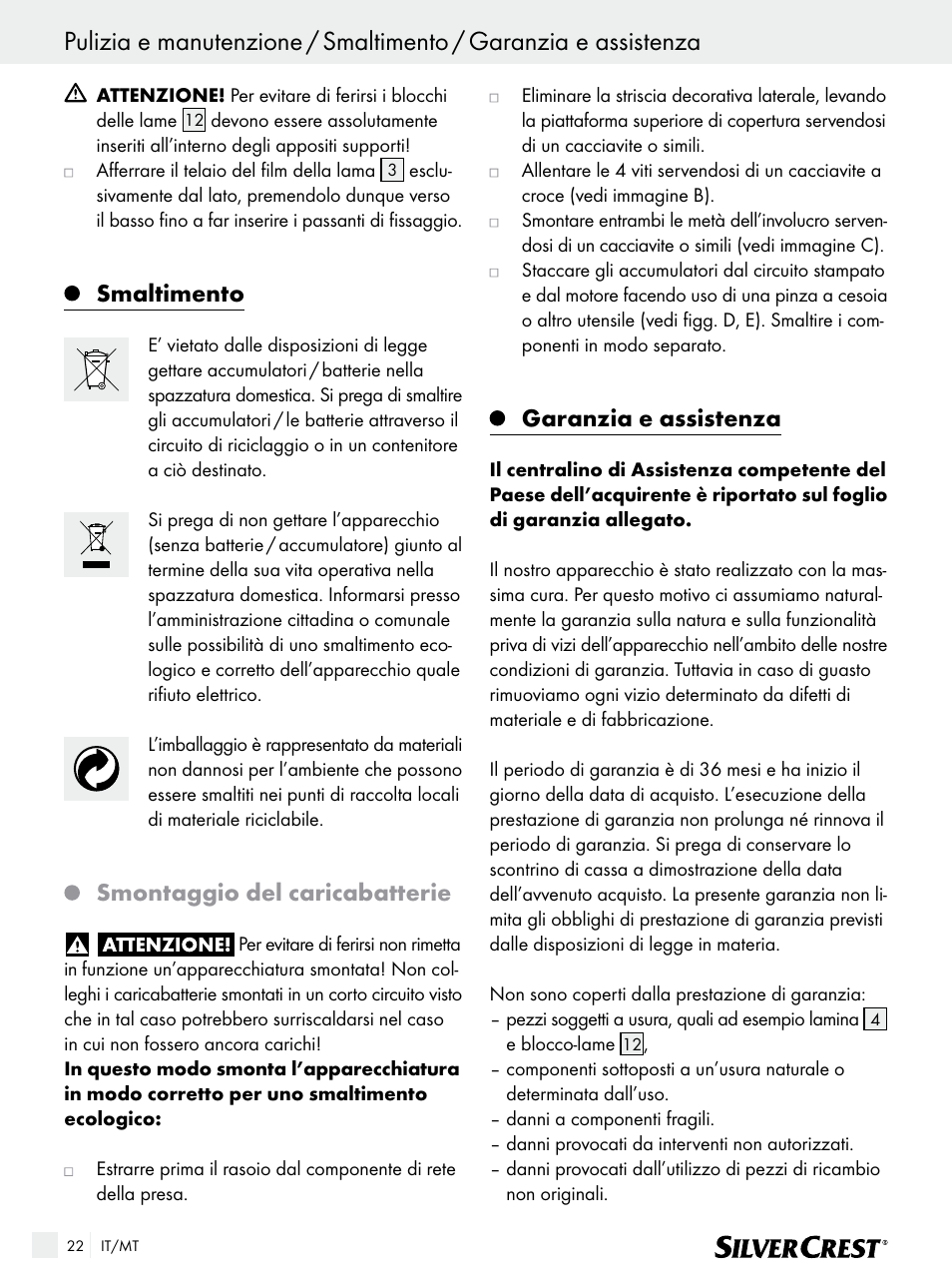 Smaltimento, Smontaggio del caricabatterie, Garanzia e assistenza | Silvercrest SFR 1200 A1 User Manual | Page 22 / 55