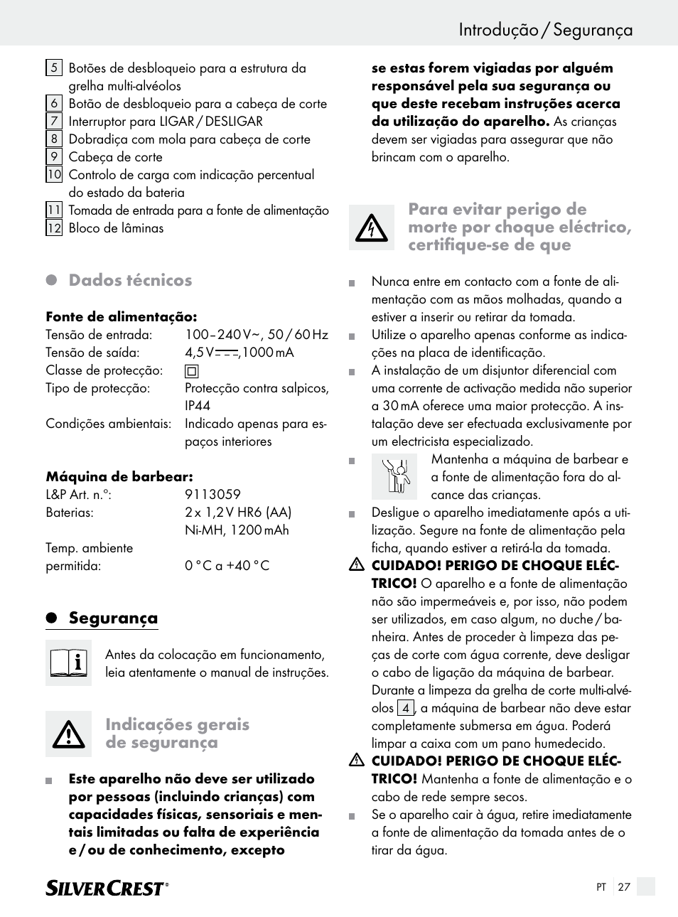 Introdução / segurança, Dados técnicos, Segurança | Indicações gerais de segurança | Silvercrest SFR 1200 A1 User Manual | Page 27 / 55