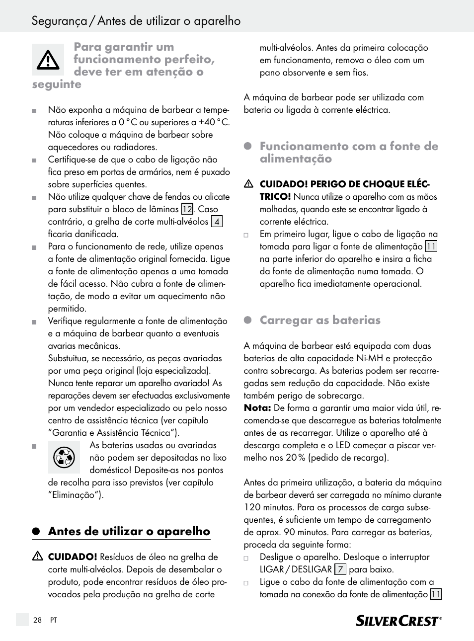 Segurança / antes de utilizar o aparelho, Antes de utilizar o aparelho, Funcionamento com a fonte de alimentação | Carregar as baterias | Silvercrest SFR 1200 A1 User Manual | Page 28 / 55