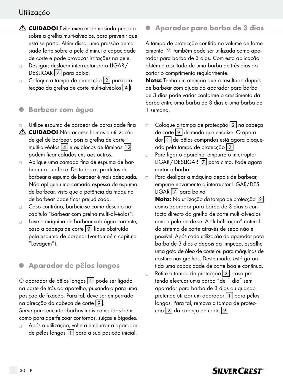 Utilização, Barbear com água, Aparador de pêlos longos | Aparador para barba de 3 dias | Silvercrest SFR 1200 A1 User Manual | Page 30 / 55