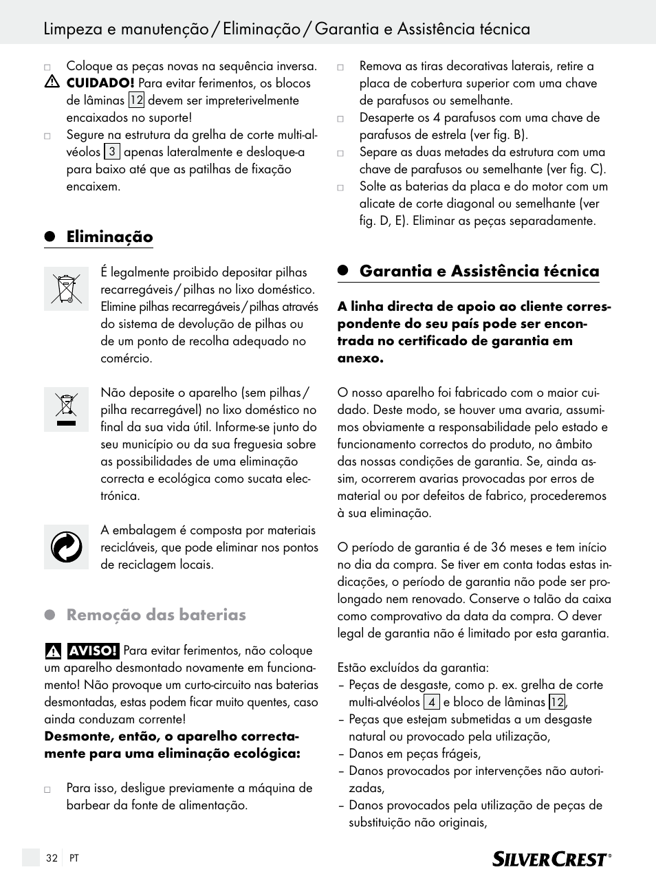 Eliminação, Remoção das baterias, Garantia e assistência técnica | Silvercrest SFR 1200 A1 User Manual | Page 32 / 55