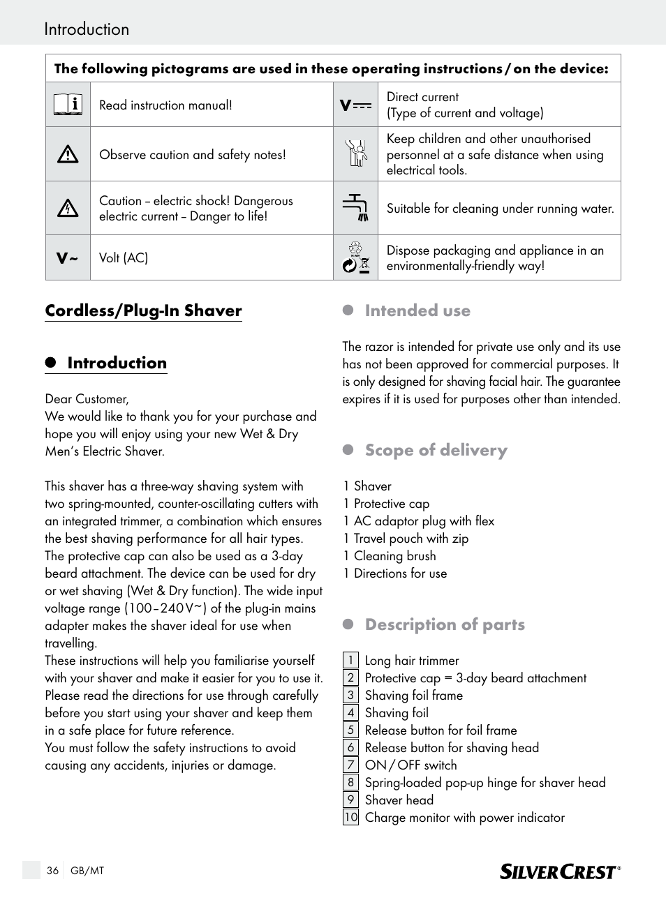 Introduction, Cordless/plug-in shaver, Intended use | Scope of delivery, Description of parts | Silvercrest SFR 1200 A1 User Manual | Page 36 / 55