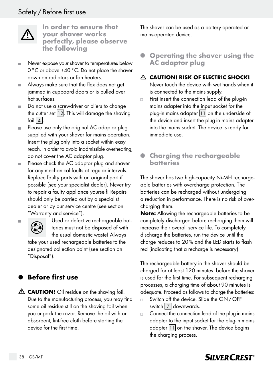 Safety / before first use, Before first use, Operating the shaver using the ac adaptor plug | Charging the rechargeable batteries | Silvercrest SFR 1200 A1 User Manual | Page 38 / 55