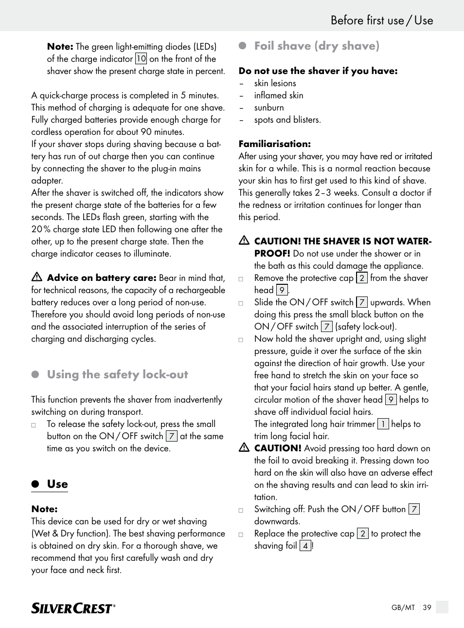 Before first use / use, Using the safety lock-out, Foil shave (dry shave) | Silvercrest SFR 1200 A1 User Manual | Page 39 / 55