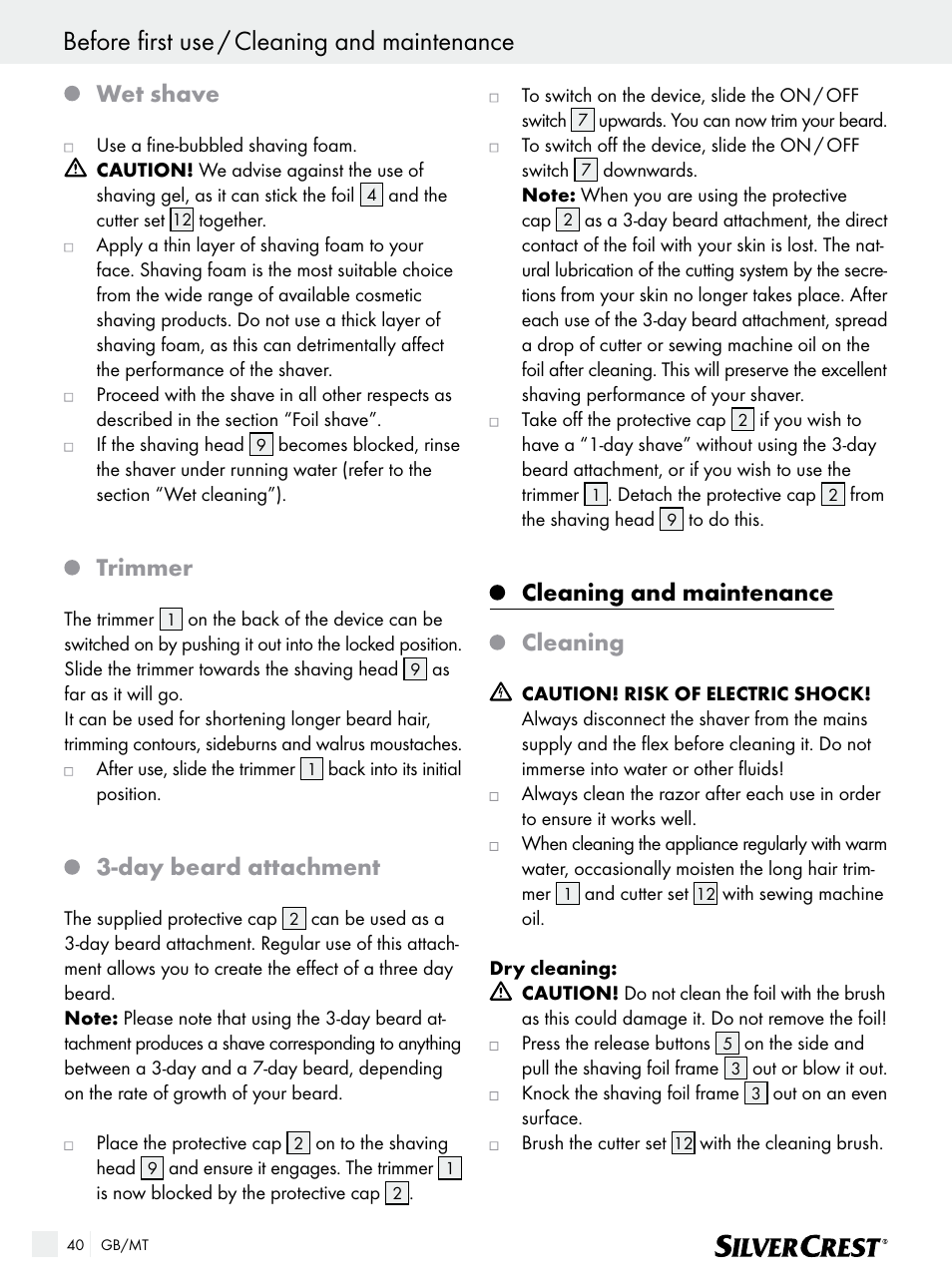 Before first use / cleaning and maintenance, Wet shave, Trimmer | Day beard attachment, Cleaning and maintenance, Cleaning | Silvercrest SFR 1200 A1 User Manual | Page 40 / 55