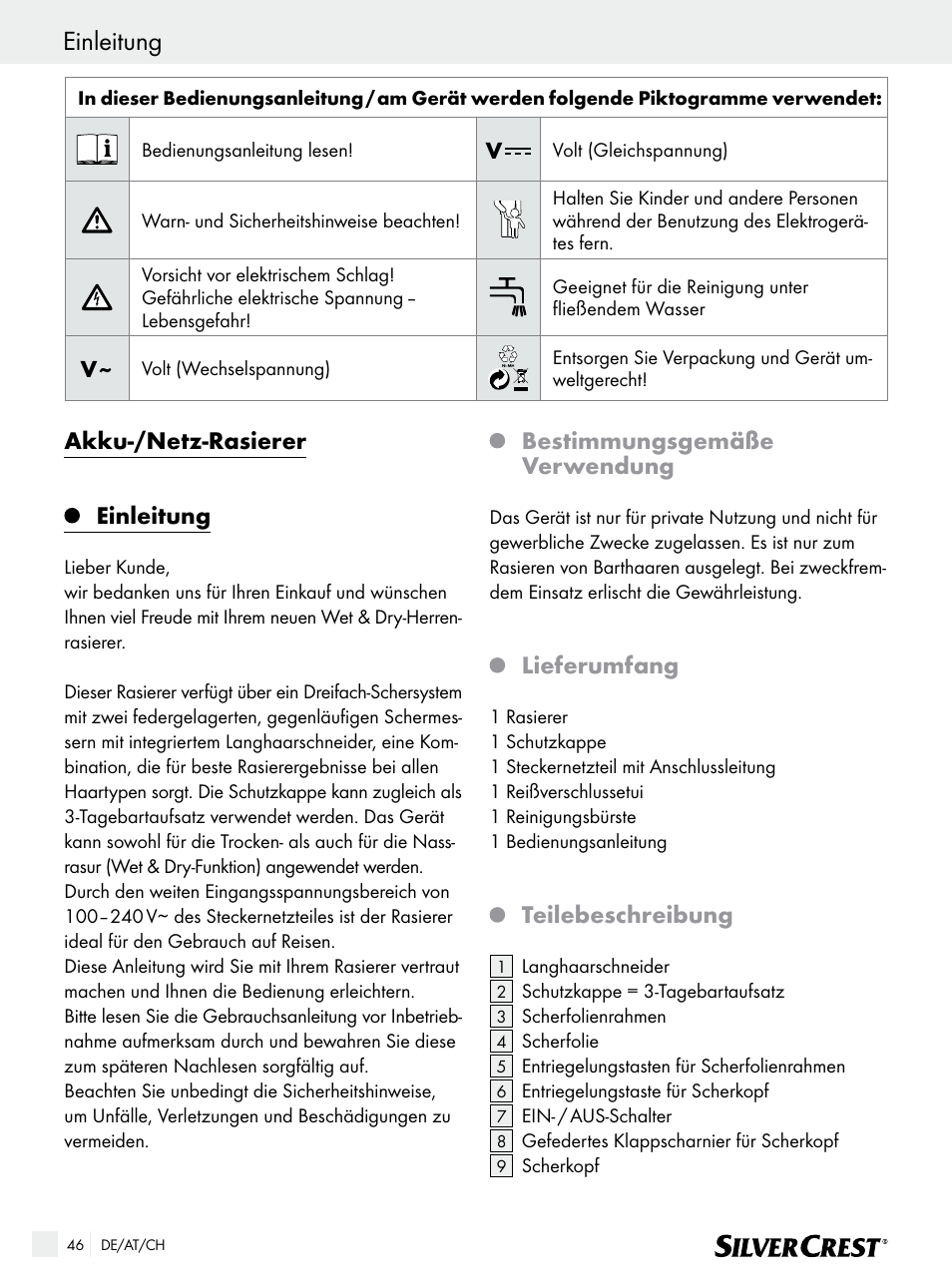 Akku-/netz-rasierer, Einleitung, Bestimmungsgemäße verwendung | Lieferumfang, Teilebeschreibung | Silvercrest SFR 1200 A1 User Manual | Page 46 / 55