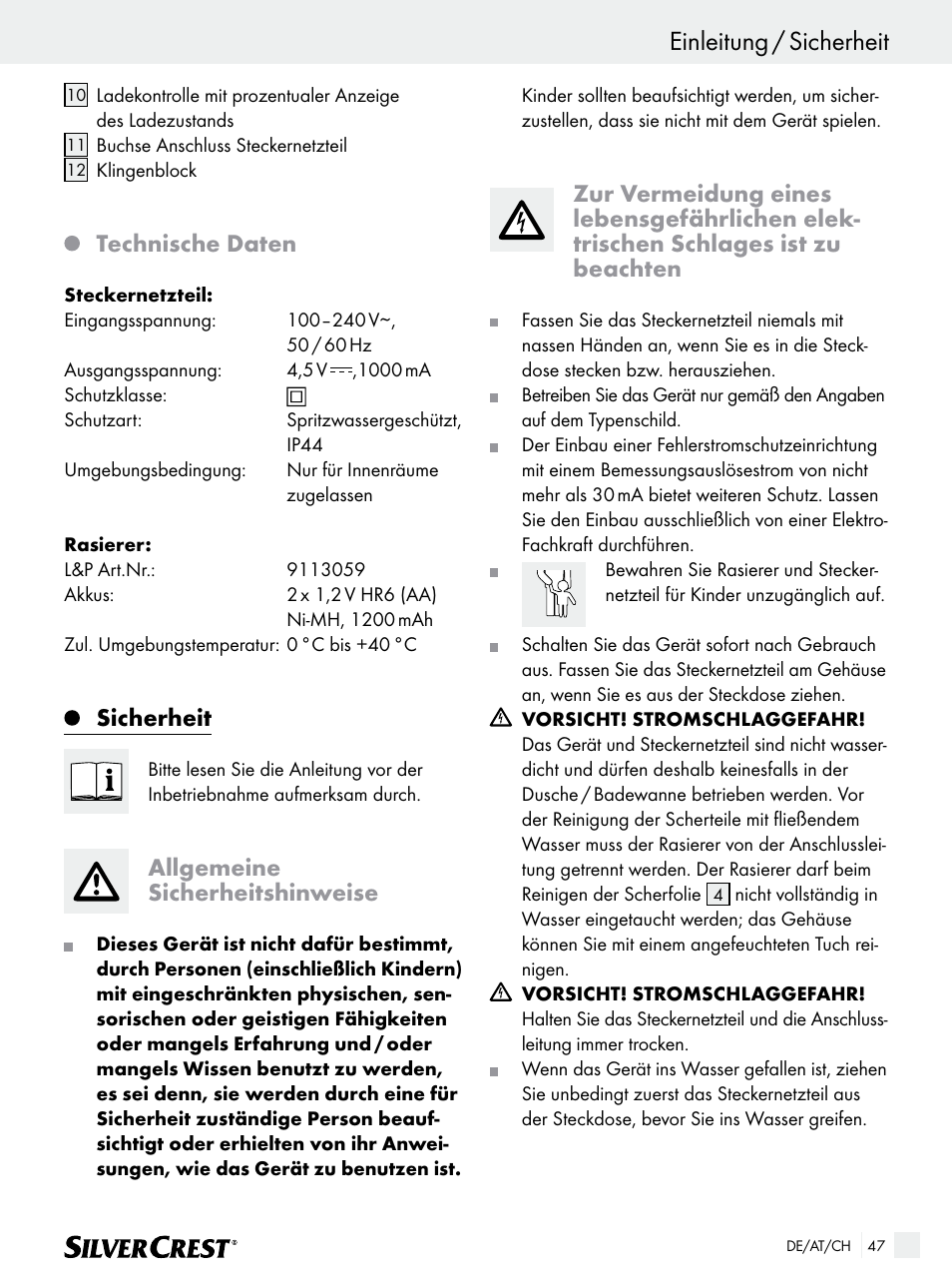 Einleitung / sicherheit, Technische daten, Sicherheit | Allgemeine sicherheitshinweise | Silvercrest SFR 1200 A1 User Manual | Page 47 / 55