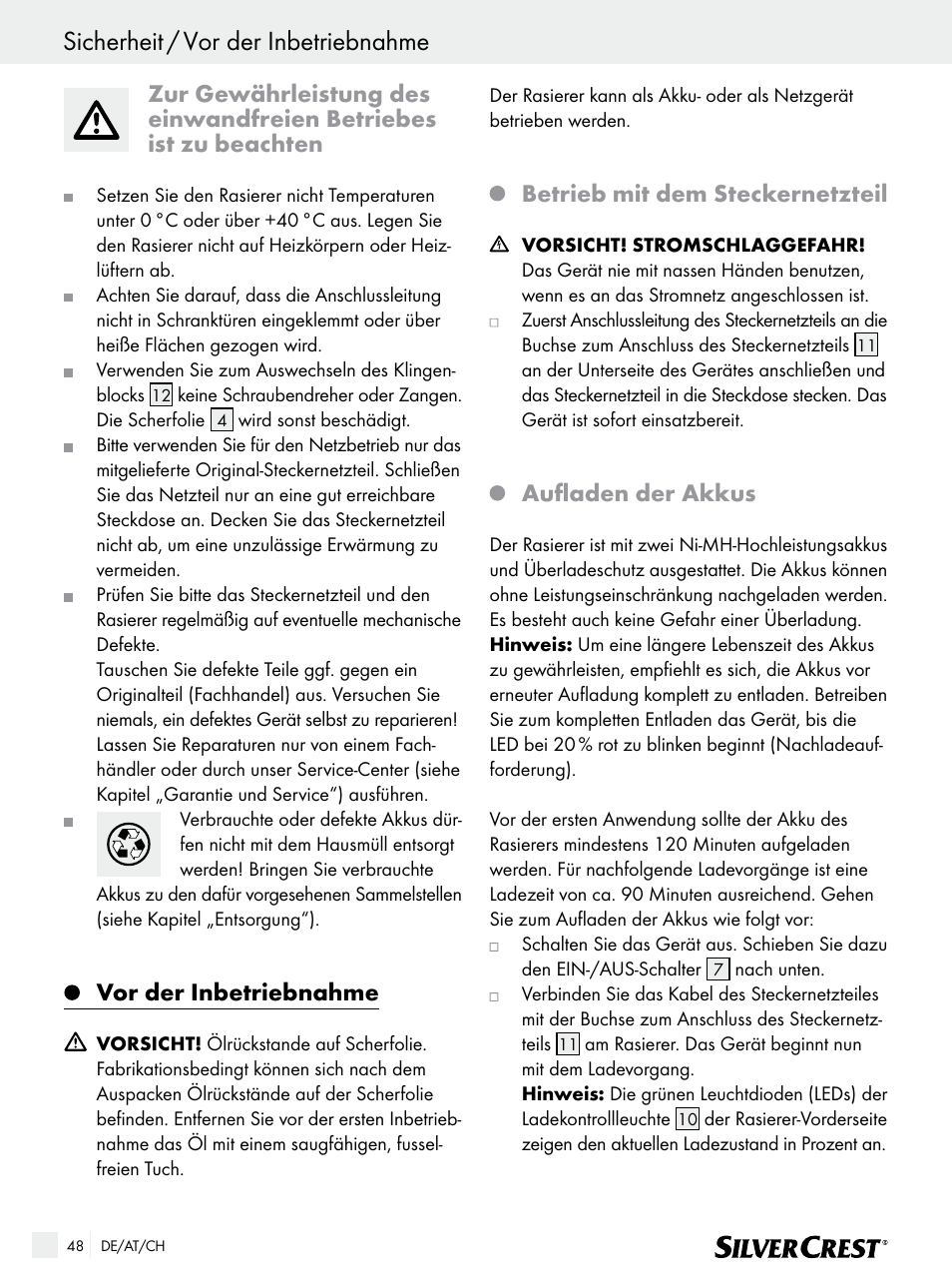 Sicherheit / vor der inbetriebnahme, Vor der inbetriebnahme, Betrieb mit dem steckernetzteil | Aufladen der akkus | Silvercrest SFR 1200 A1 User Manual | Page 48 / 55