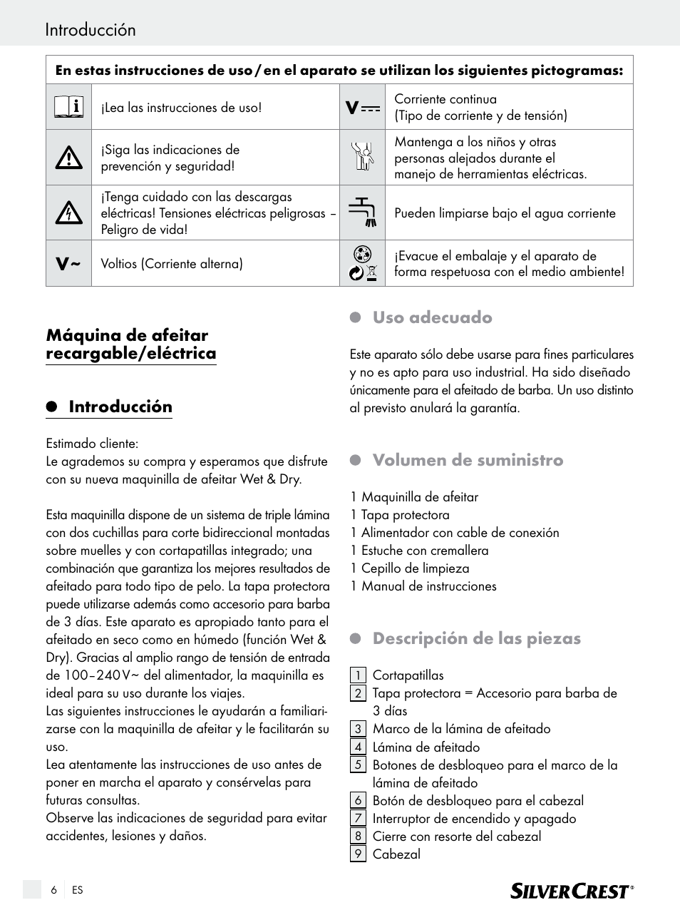 Introducción, Máquina de afeitar recargable/eléctrica, Uso adecuado | Volumen de suministro, Descripción de las piezas | Silvercrest SFR 1200 A1 User Manual | Page 6 / 55