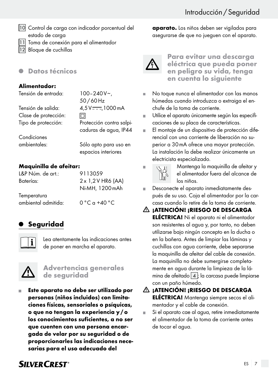 Introducción / seguridad, Datos técnicos, Seguridad | Advertencias generales de seguridad | Silvercrest SFR 1200 A1 User Manual | Page 7 / 55