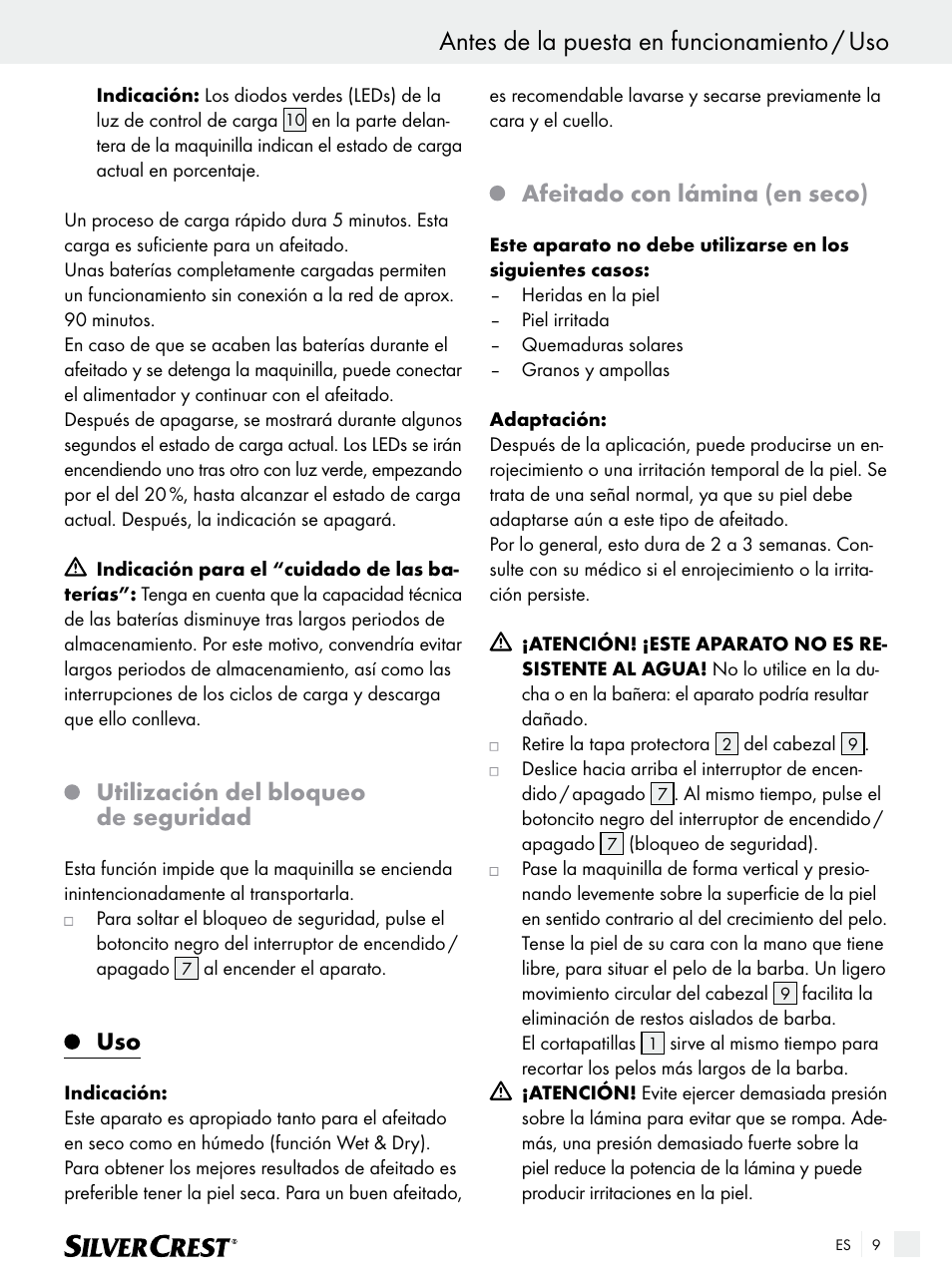 Antes de la puesta en funcionamiento / uso, Utilización del bloqueo de seguridad, Afeitado con lámina (en seco) | Silvercrest SFR 1200 A1 User Manual | Page 9 / 55