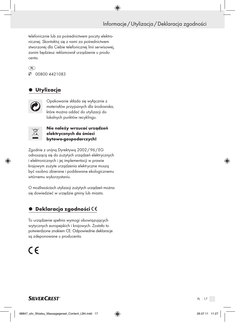 Informacje / utylizacja / deklaracja zgodności, Utylizacja, Deklaracja zgodności | Silvercrest SSM 141 B2 User Manual | Page 13 / 52