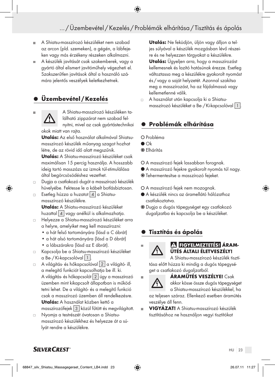 Üzembevétel / kezelés, Problémák elhárítása, Tisztítás és ápolás | Silvercrest SSM 141 B2 User Manual | Page 19 / 52