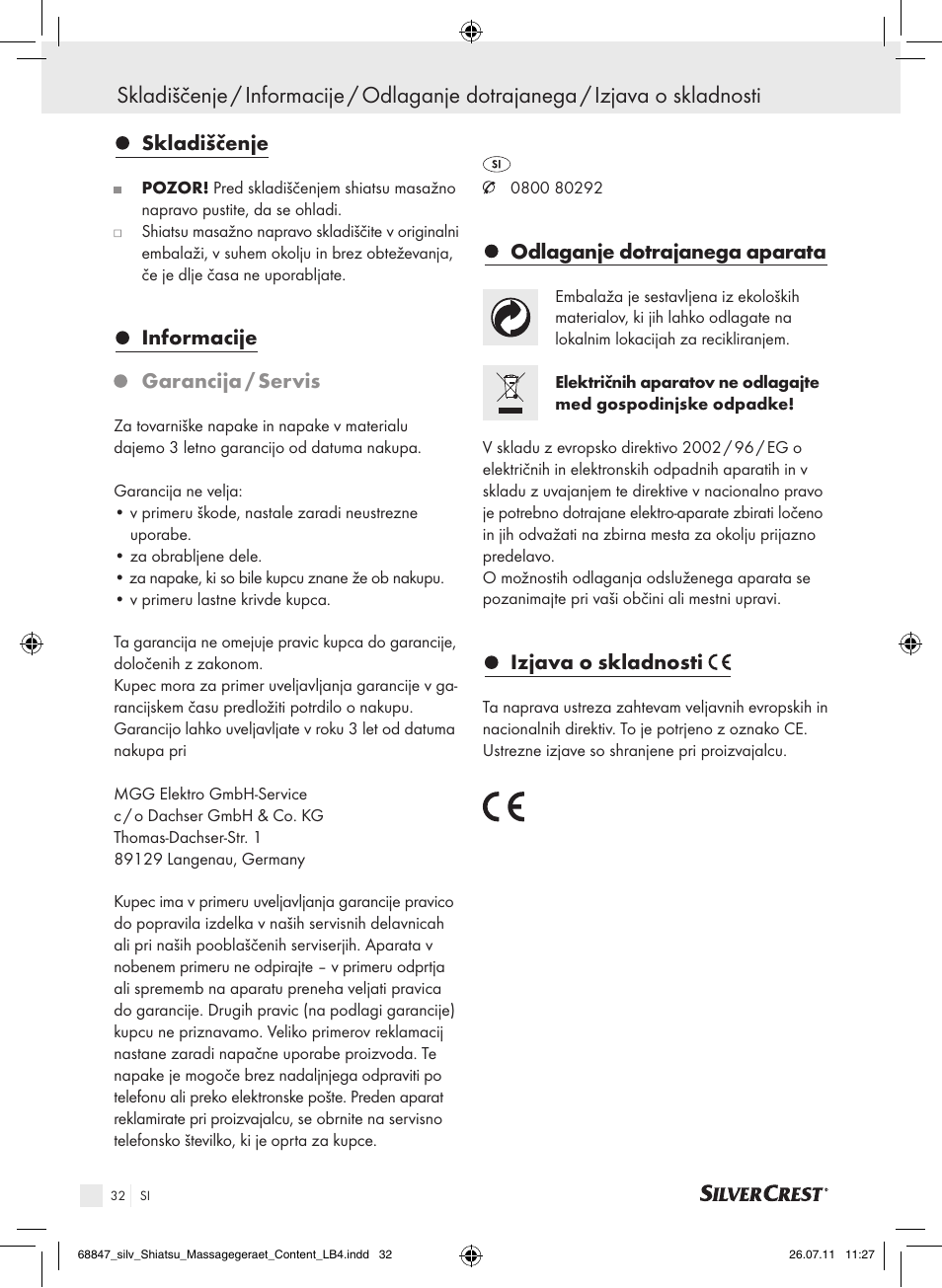 Skladiščenje, Informacije, Garancija / servis | Odlaganje dotrajanega aparata, Izjava o skladnosti | Silvercrest SSM 141 B2 User Manual | Page 28 / 52