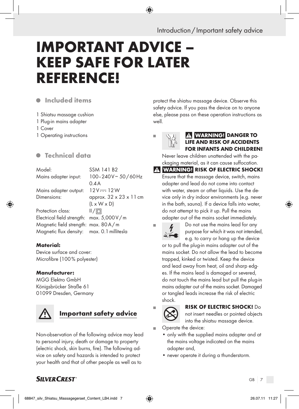 Important advice – keep safe for later reference, Introduction / important safety advice | Silvercrest SSM 141 B2 User Manual | Page 3 / 52