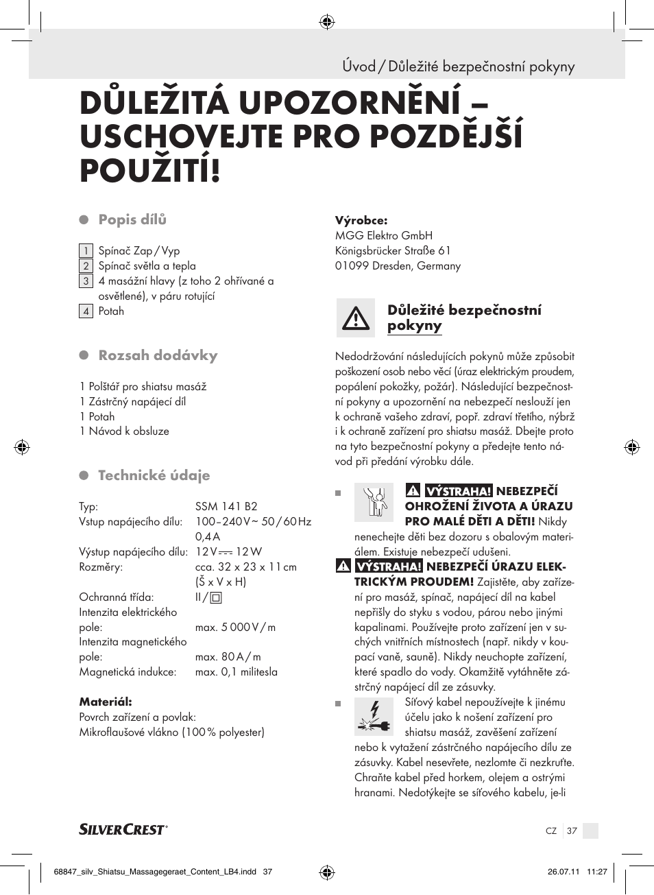 Úvod / důležité bezpečnostní pokyny | Silvercrest SSM 141 B2 User Manual | Page 33 / 52