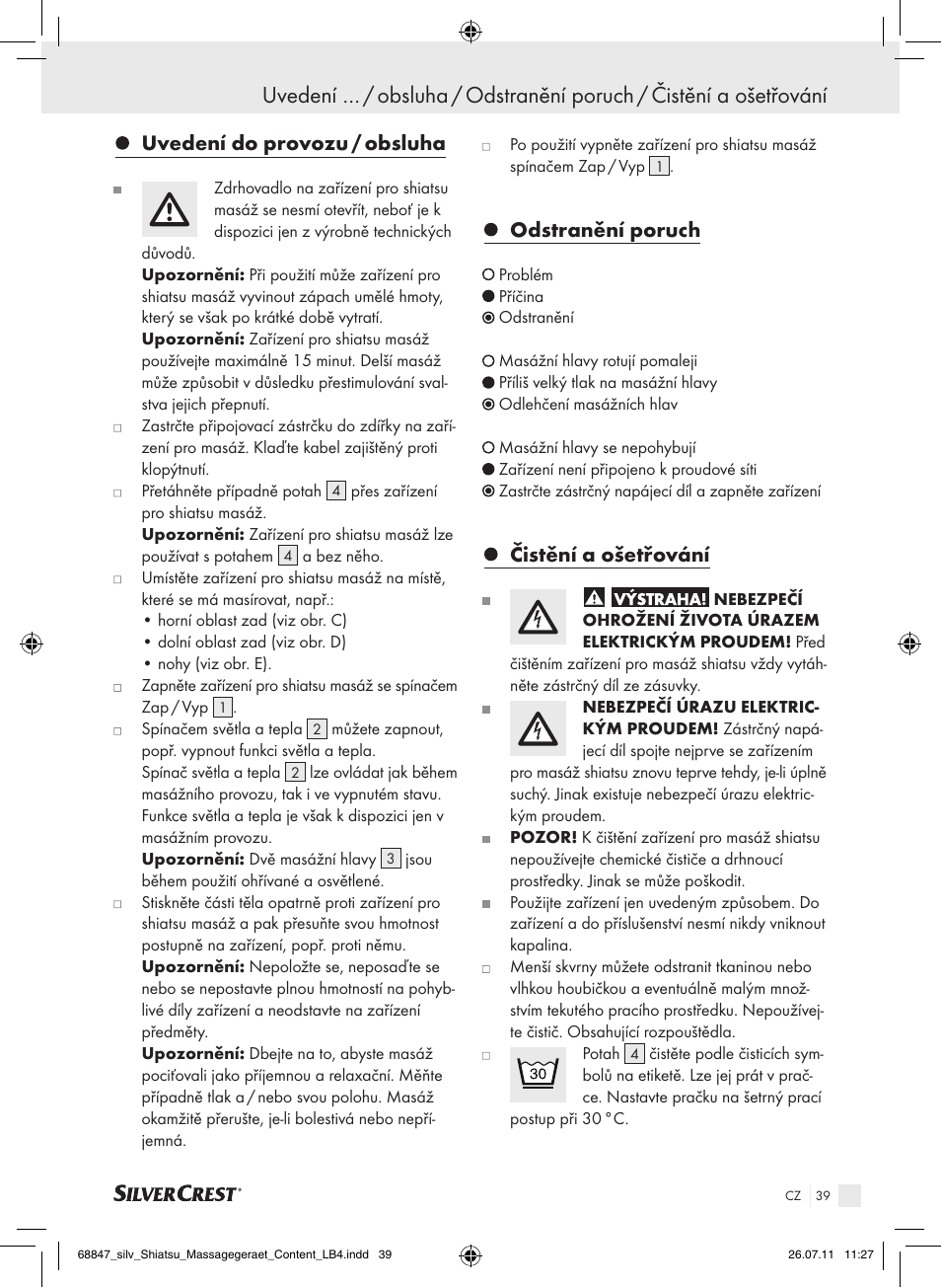 Uvedení do provozu / obsluha, Odstranění poruch, Čistění a ošetřování | Silvercrest SSM 141 B2 User Manual | Page 35 / 52