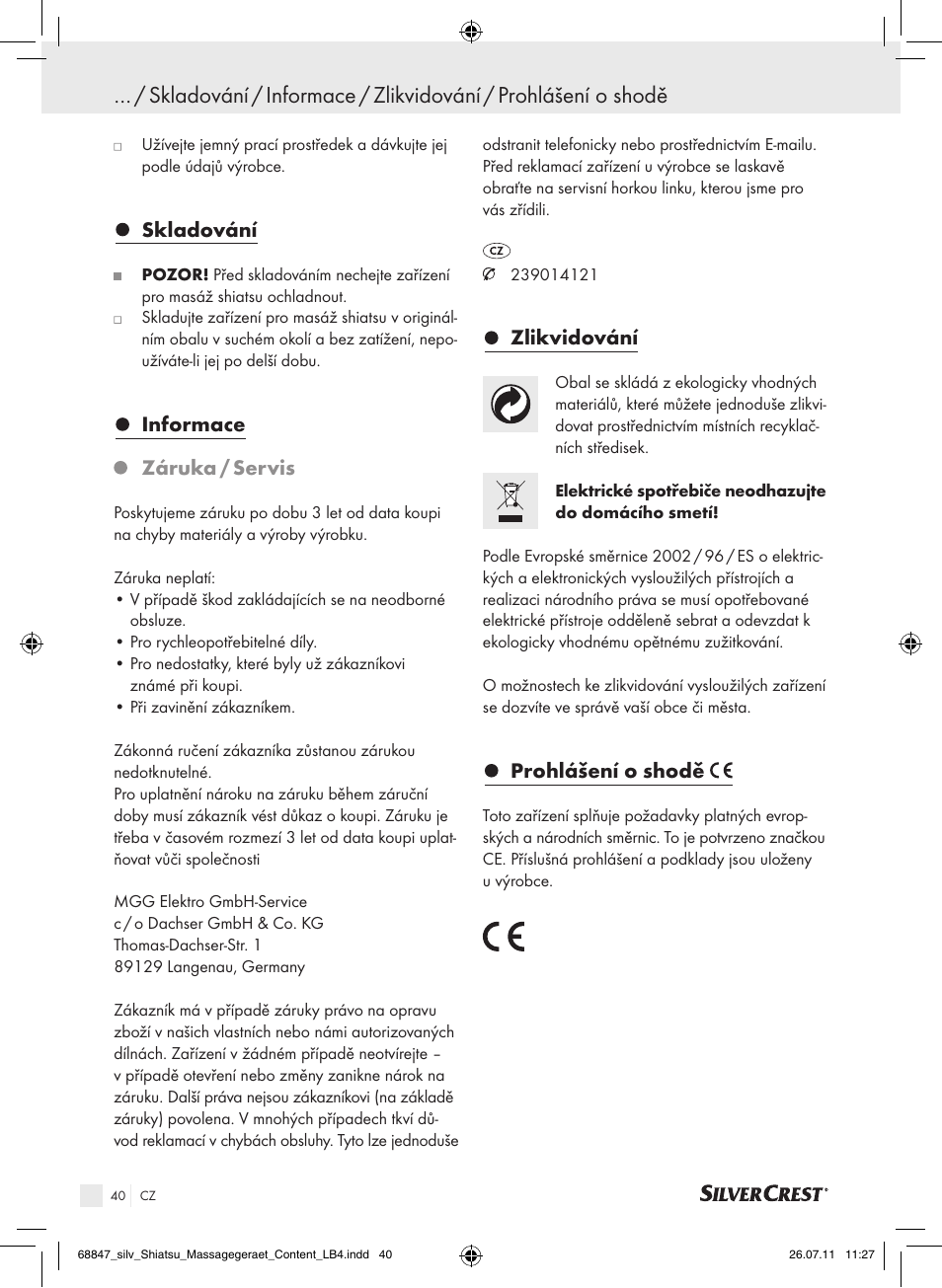 Skladování, Informace, Záruka / servis | Zlikvidování, Prohlášení o shodě | Silvercrest SSM 141 B2 User Manual | Page 36 / 52