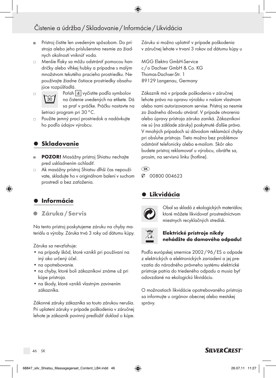 Skladovanie, Informácie záruka / servis, Likvidácia | Silvercrest SSM 141 B2 User Manual | Page 42 / 52