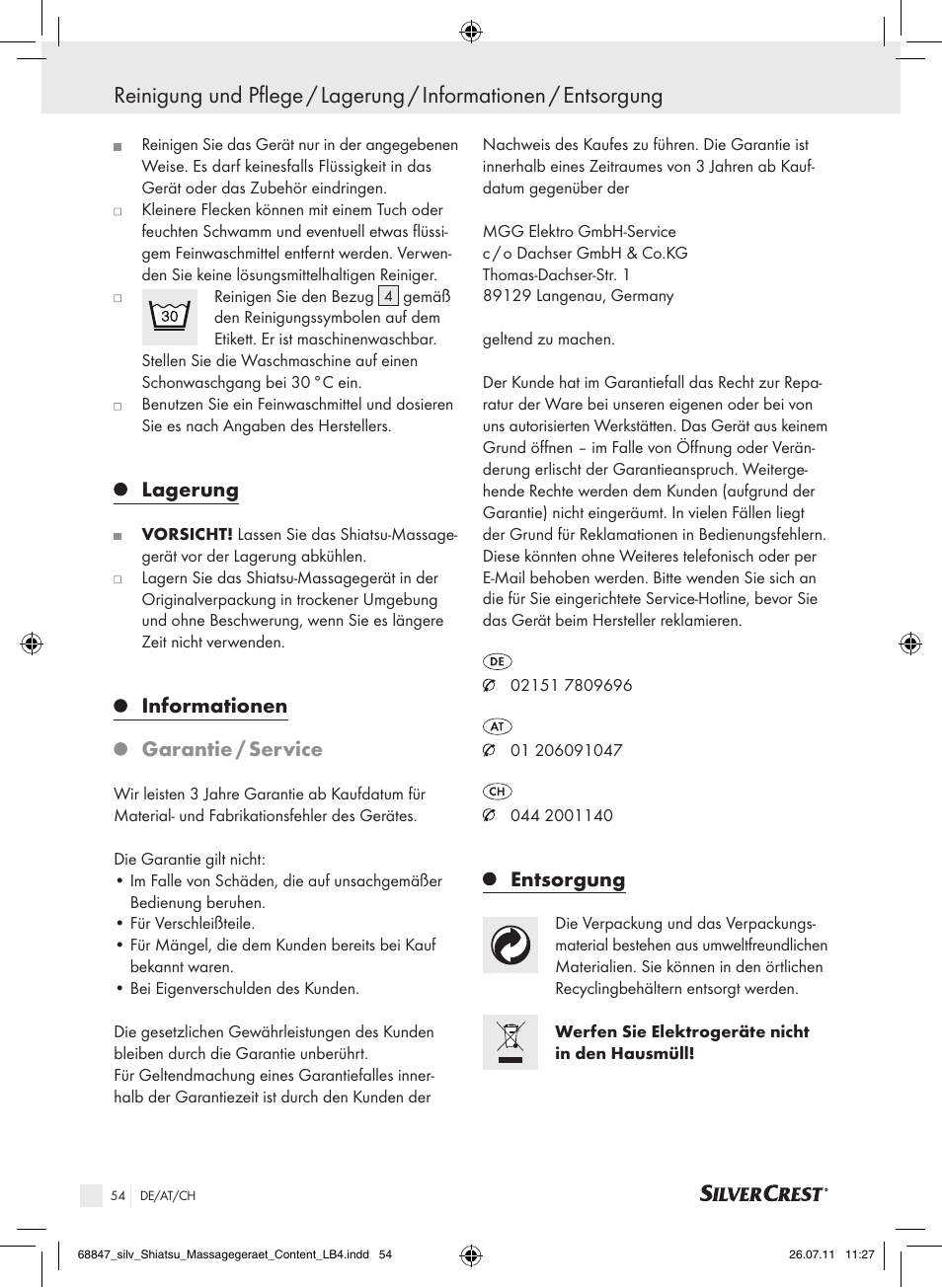 Lagerung, Informationen, Garantie / service | Entsorgung | Silvercrest SSM 141 B2 User Manual | Page 50 / 52