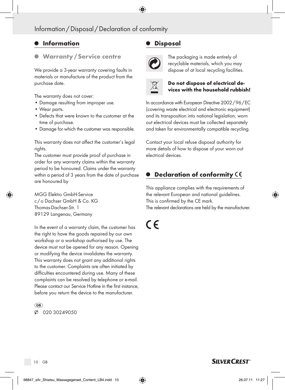 Information / disposal / declaration of conformity, Information, Warranty / service centre | Disposal, Declaration of conformity | Silvercrest SSM 141 B2 User Manual | Page 6 / 52