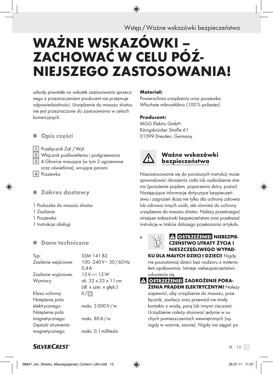 Wstęp / ważne wskazόwki bezpieczeństwa | Silvercrest SSM 141 B2 User Manual | Page 9 / 52