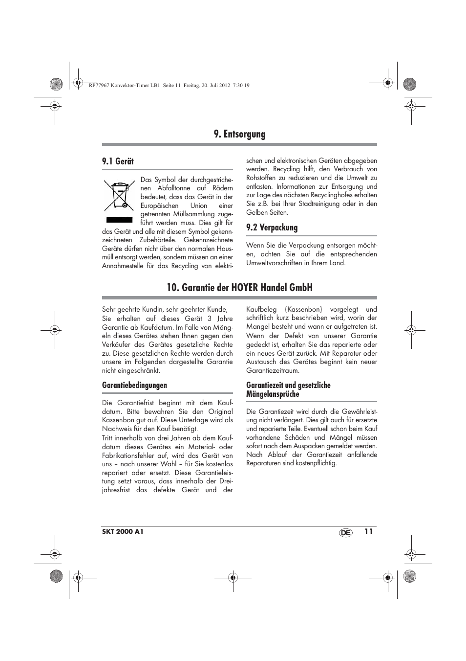 Entsorgung, Garantie der hoyer handel gmbh | Silvercrest SKT 2000 A1 User Manual | Page 13 / 58