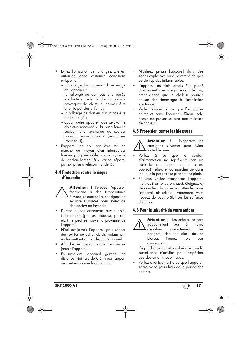 4 protection contre le risque d’incendie, 5 protection contre les blessures, 6 pour la sécurité de votre enfant | Silvercrest SKT 2000 A1 User Manual | Page 19 / 58