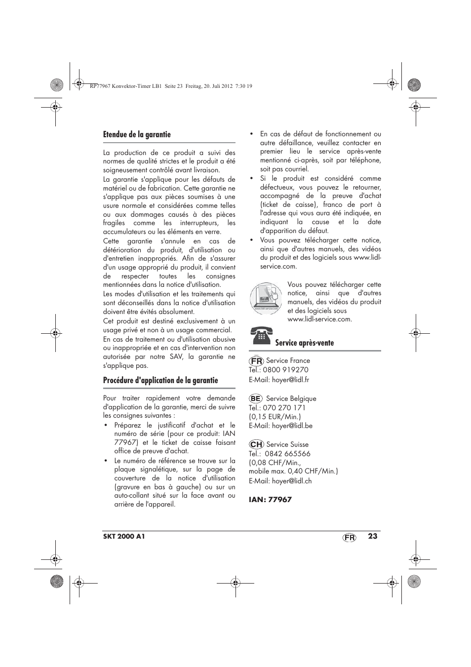 Etendue de la garantie, Procédure d'application de la garantie, Service après-vente | Silvercrest SKT 2000 A1 User Manual | Page 25 / 58