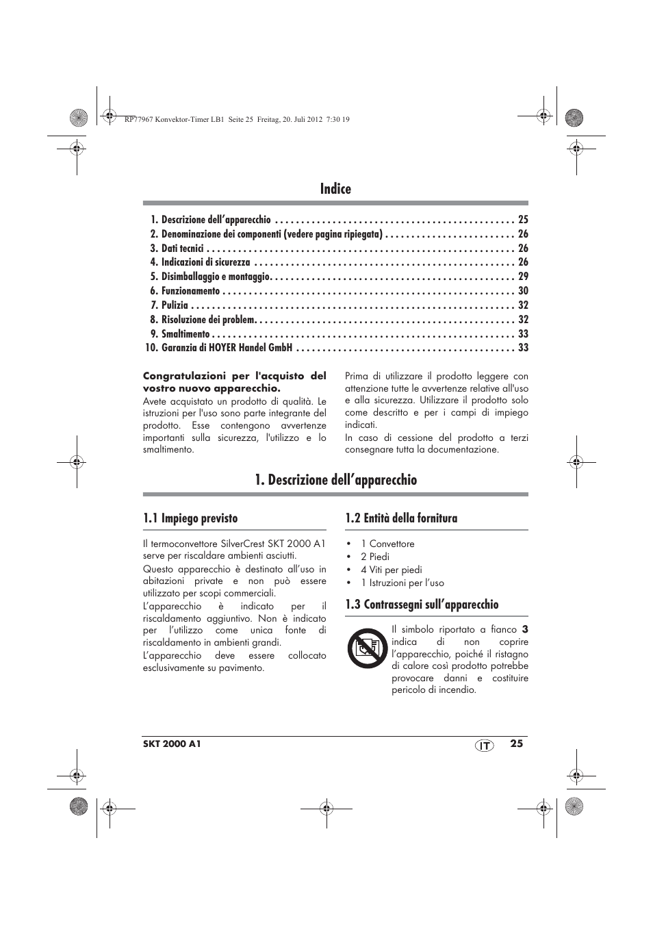 Indice, Descrizione dell’apparecchio | Silvercrest SKT 2000 A1 User Manual | Page 27 / 58