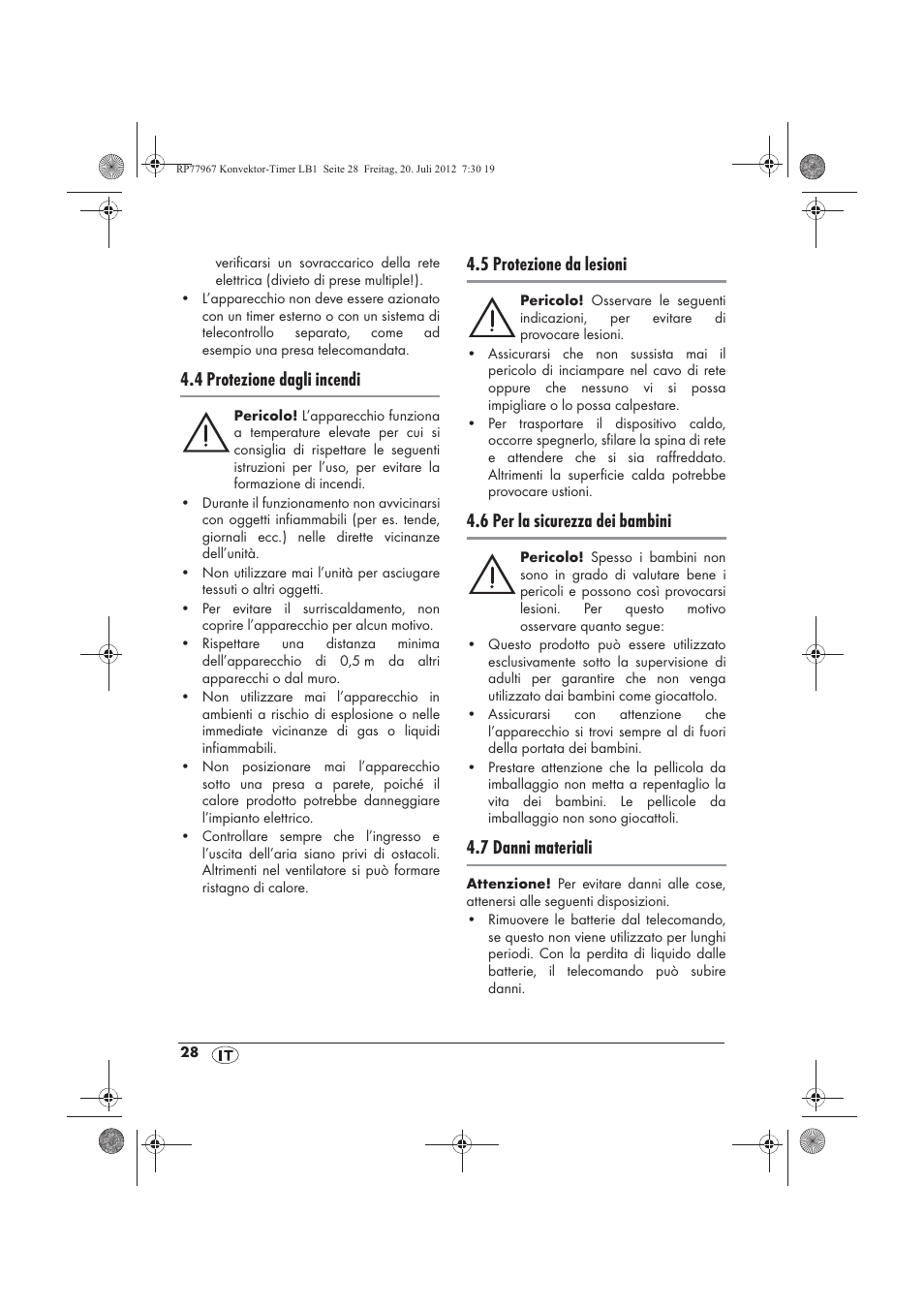4 protezione dagli incendi, 5 protezione da lesioni, 6 per la sicurezza dei bambini | 7 danni materiali | Silvercrest SKT 2000 A1 User Manual | Page 30 / 58