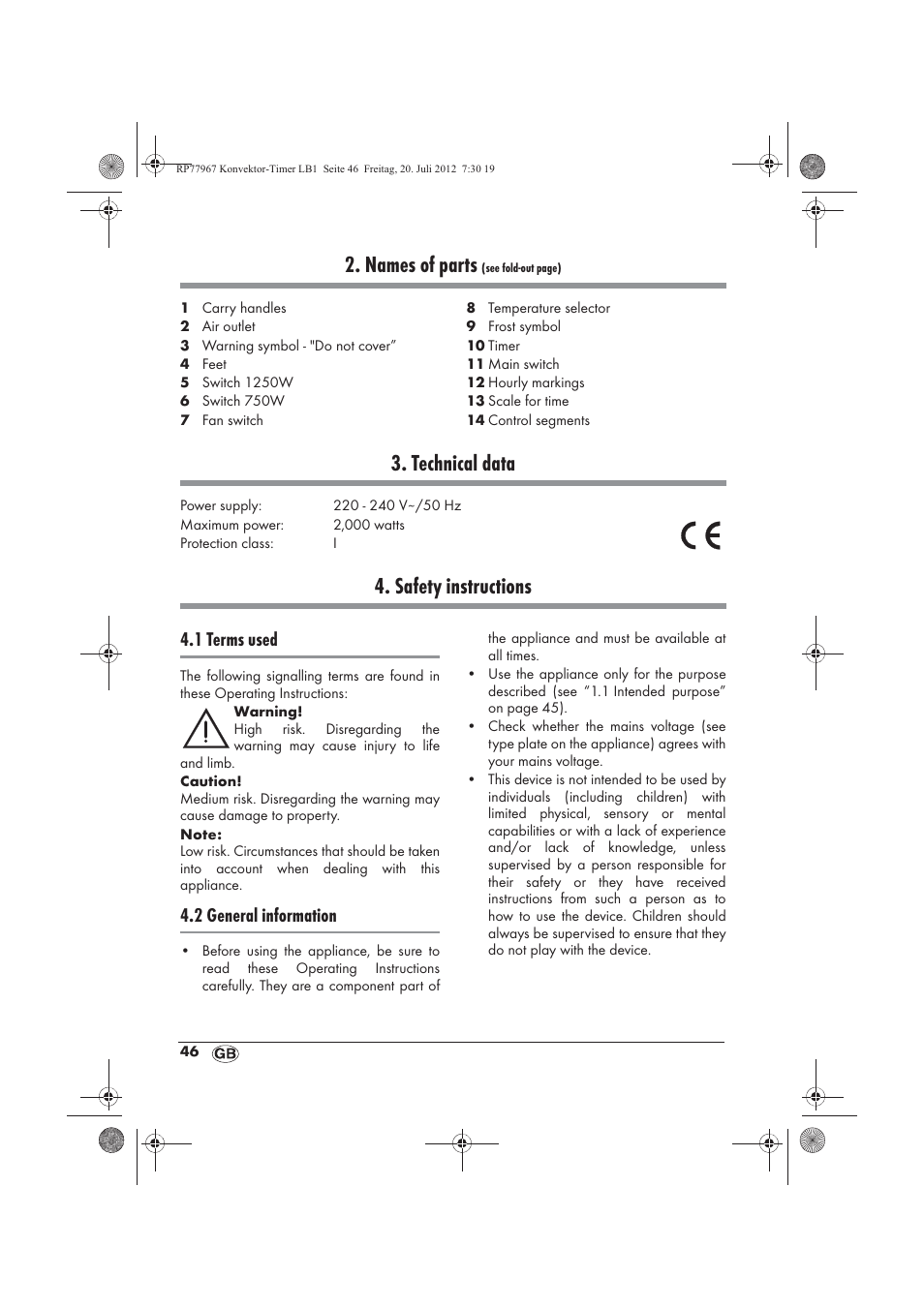 Names of parts, Technical data, Safety instructions | 1 terms used, 2 general information | Silvercrest SKT 2000 A1 User Manual | Page 48 / 58