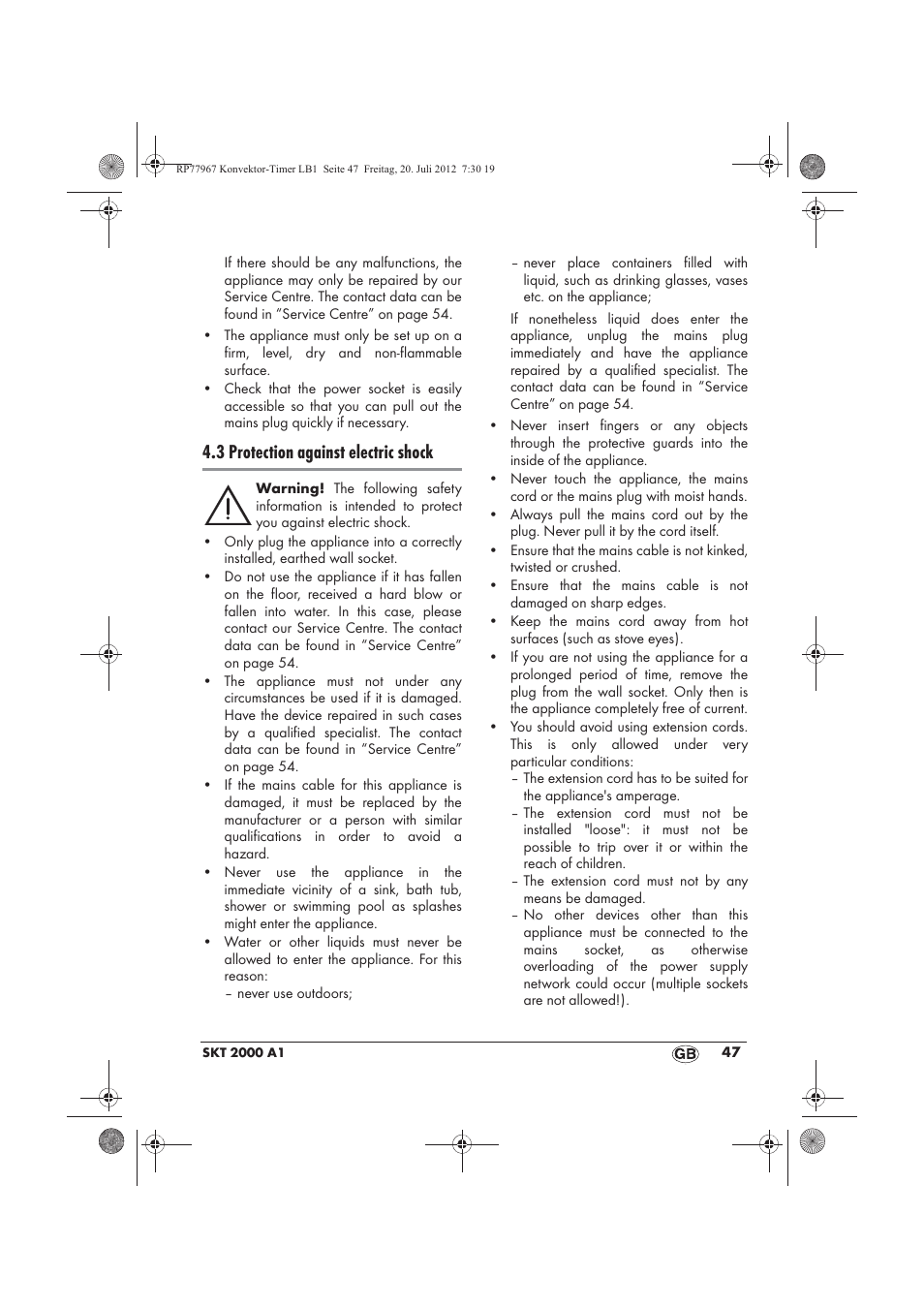 3 protection against electric shock | Silvercrest SKT 2000 A1 User Manual | Page 49 / 58