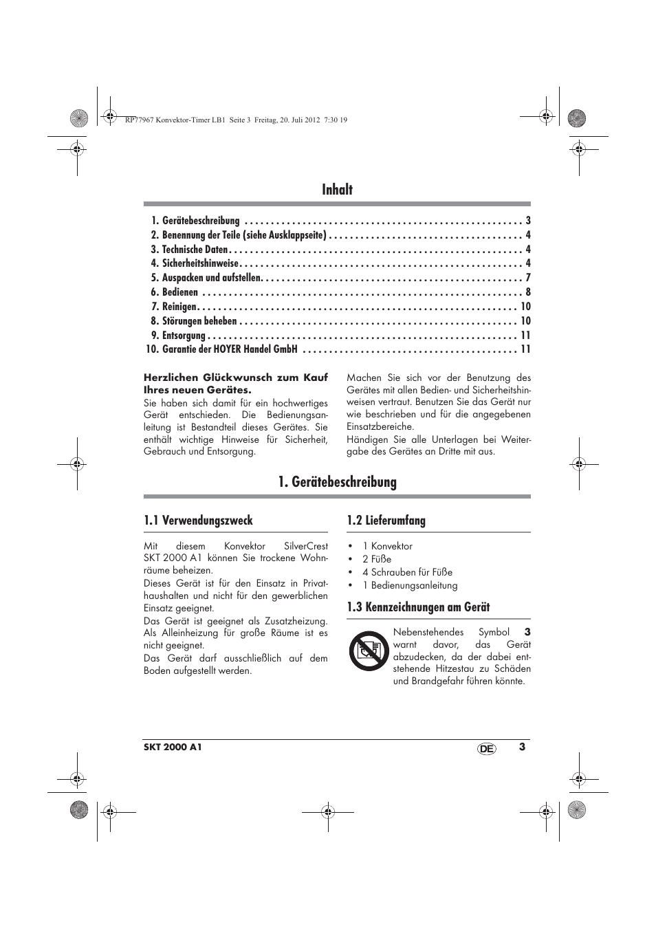 Inhalt, Gerätebeschreibung | Silvercrest SKT 2000 A1 User Manual | Page 5 / 58