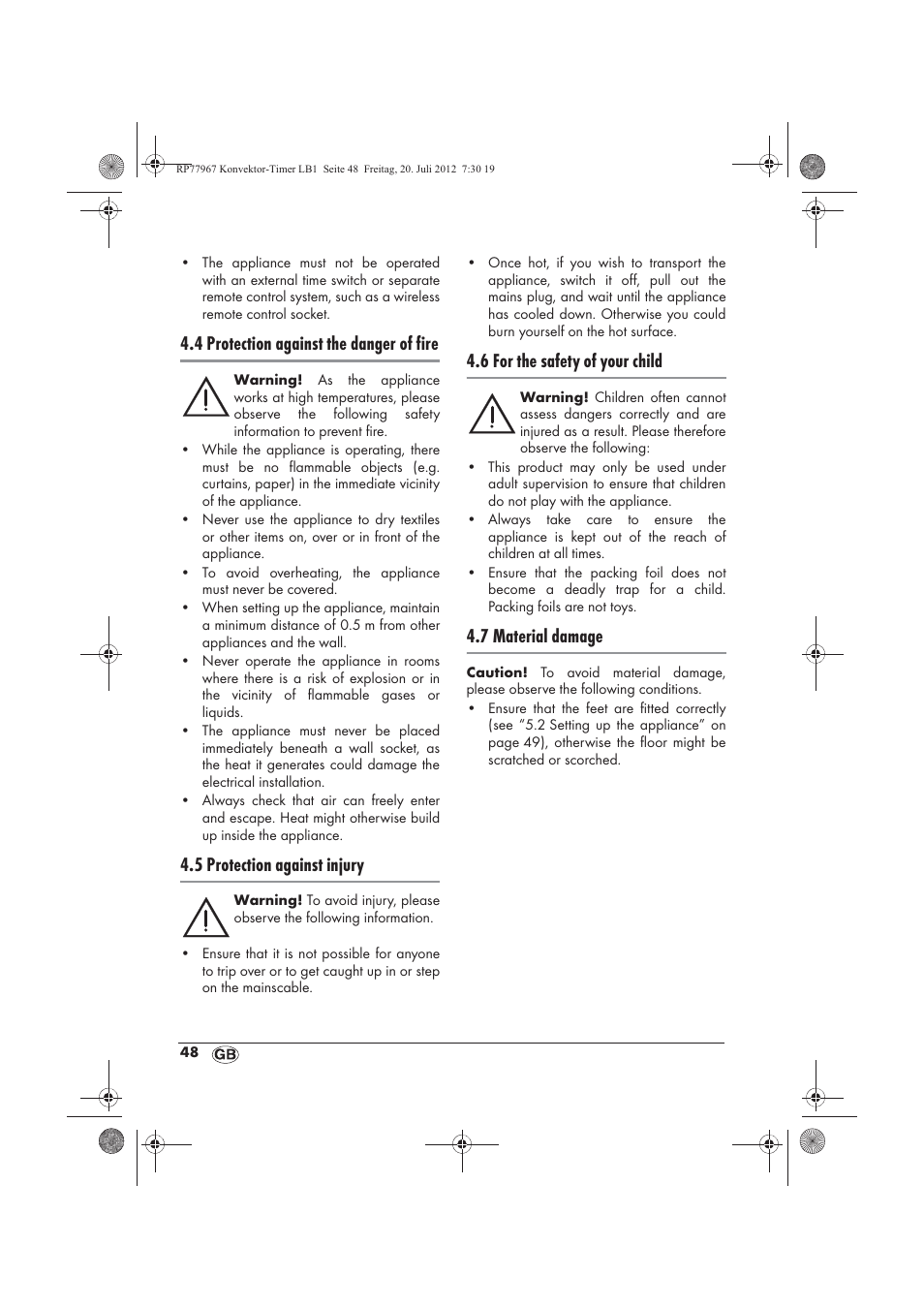 4 protection against the danger of fire, 5 protection against injury, 6 for the safety of your child | 7 material damage | Silvercrest SKT 2000 A1 User Manual | Page 50 / 58