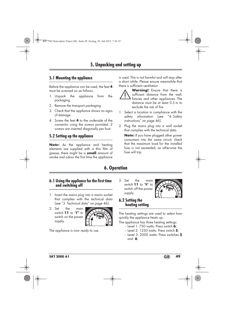 Unpacking and setting up, Operation, 1 mounting the appliance | 2 setting up the appliance, 2 setting the heating setting | Silvercrest SKT 2000 A1 User Manual | Page 51 / 58