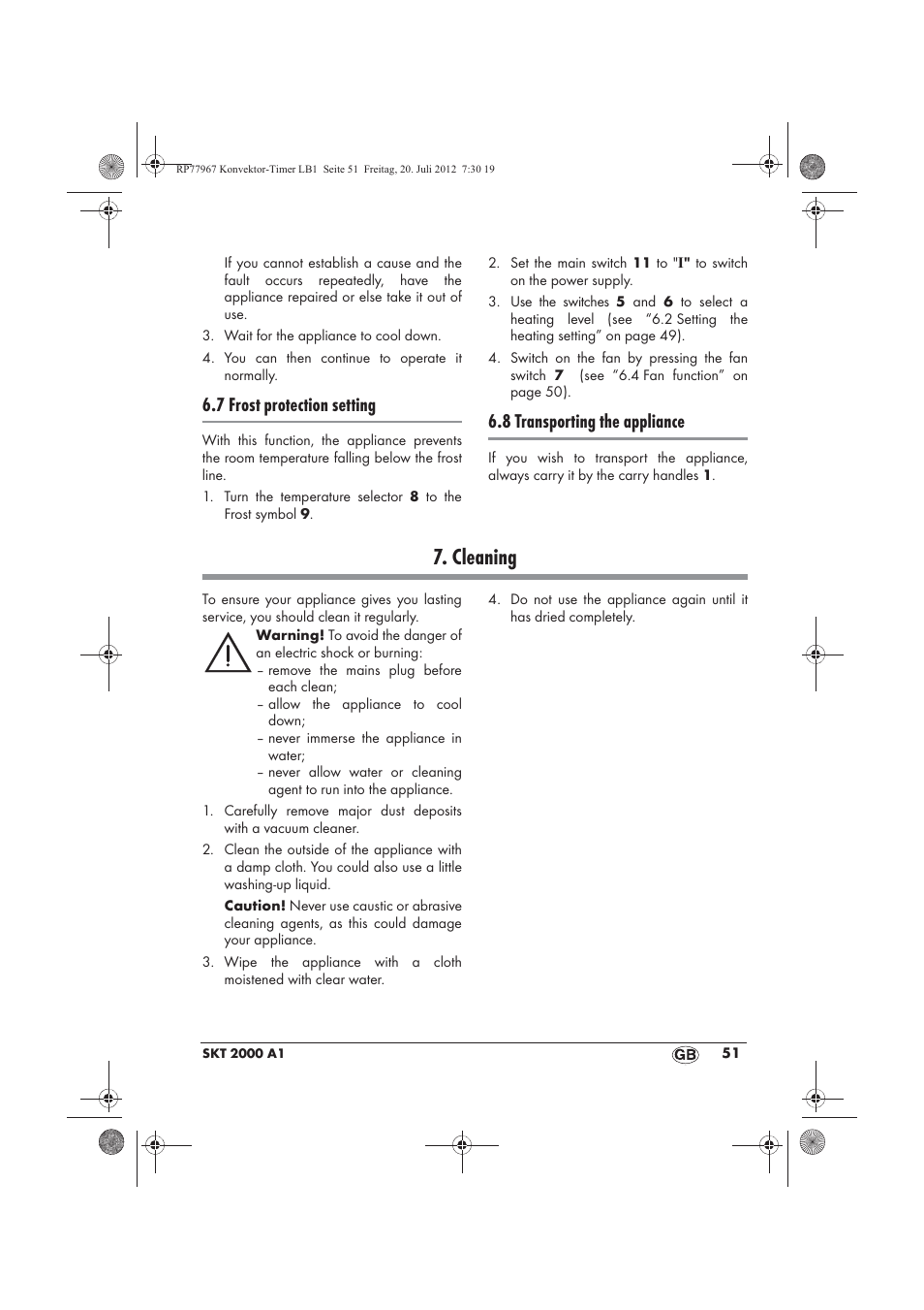 Cleaning, 7 frost protection setting, 8 transporting the appliance | Silvercrest SKT 2000 A1 User Manual | Page 53 / 58