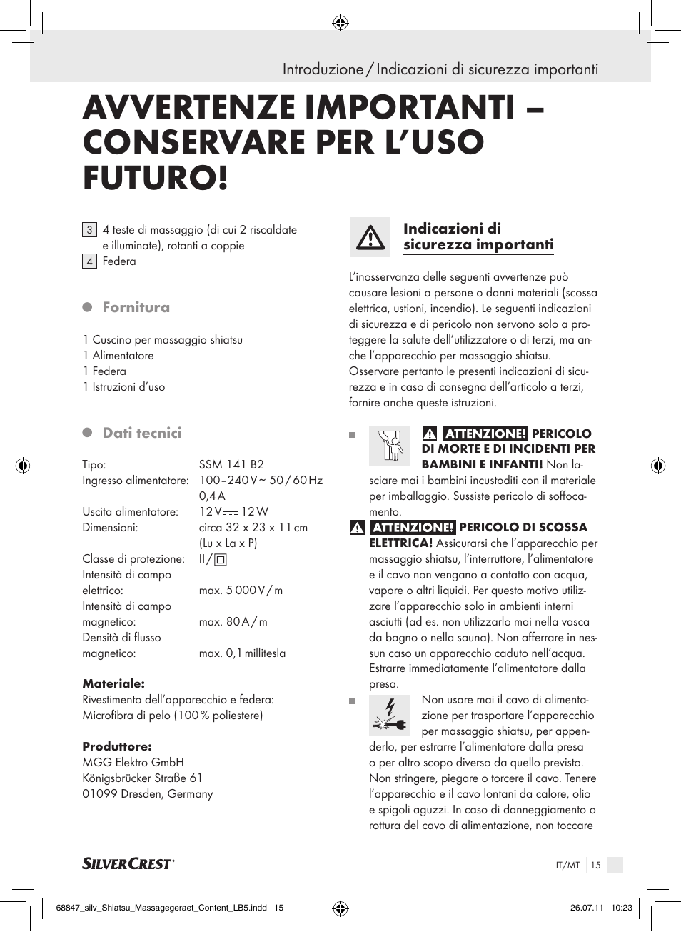 Introduzione / indicazioni di sicurezza importanti | Silvercrest SSM 141 B2 User Manual | Page 11 / 38