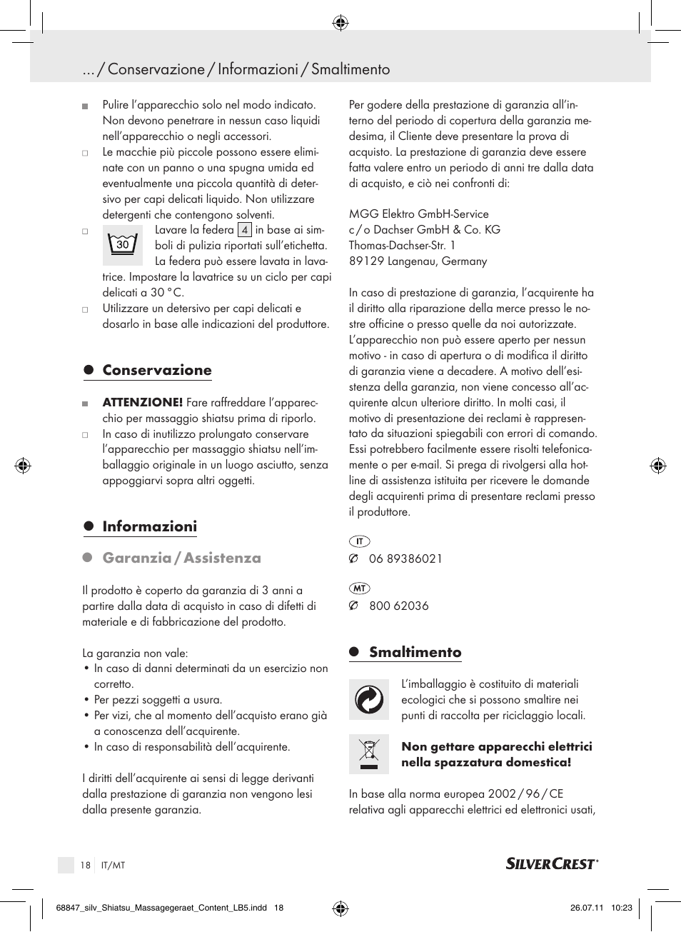Conservazione / informazioni / smaltimento, Conservazione, Informazioni | Garanzia / assistenza, Smaltimento | Silvercrest SSM 141 B2 User Manual | Page 14 / 38