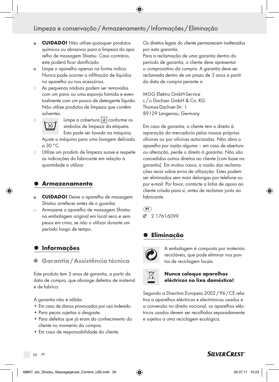 Armazenamento, Informações garantia / assistência técnica, Eliminação | Silvercrest SSM 141 B2 User Manual | Page 22 / 38