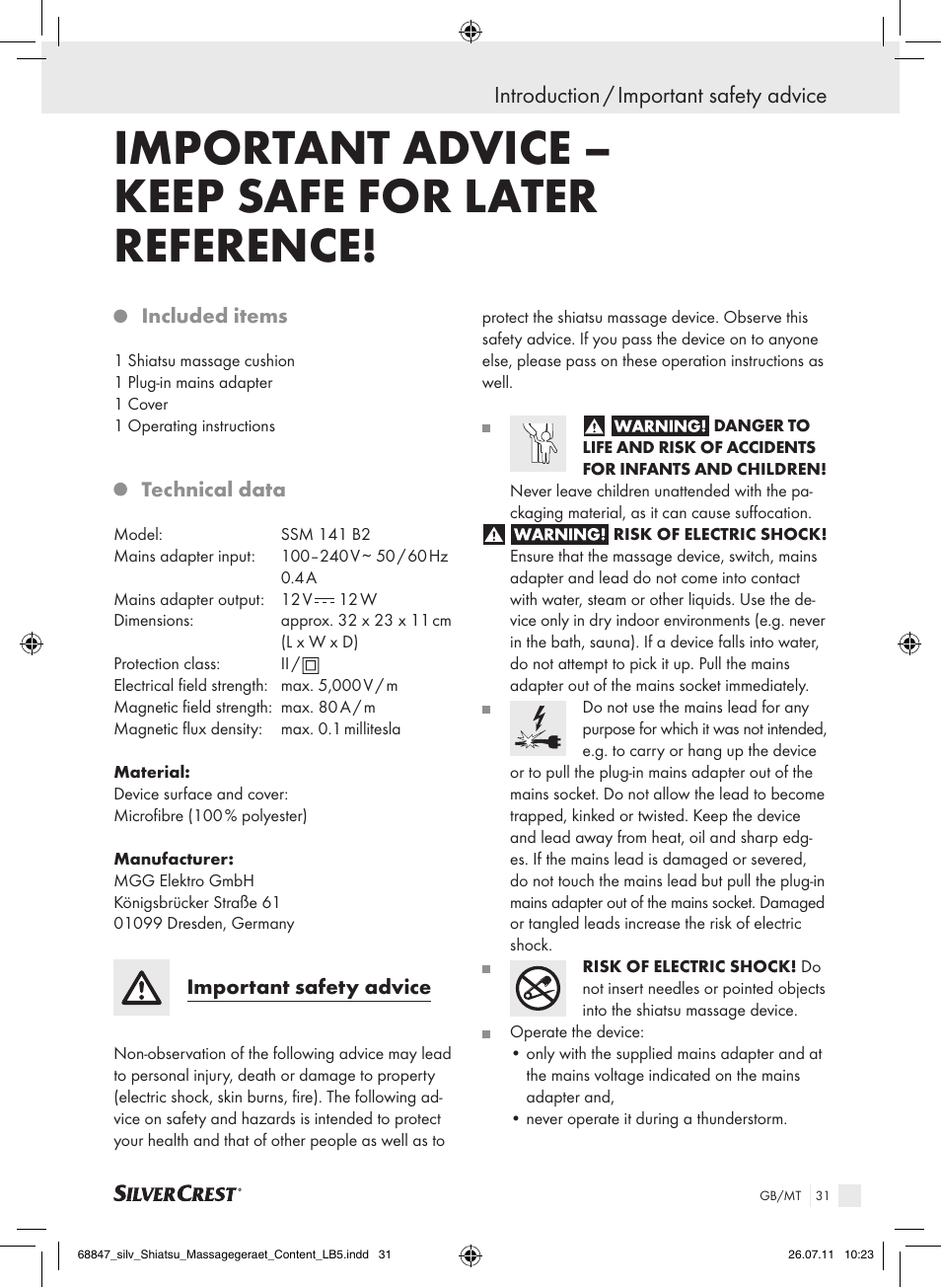 Important advice – keep safe for later reference, Introduction / important safety advice | Silvercrest SSM 141 B2 User Manual | Page 27 / 38