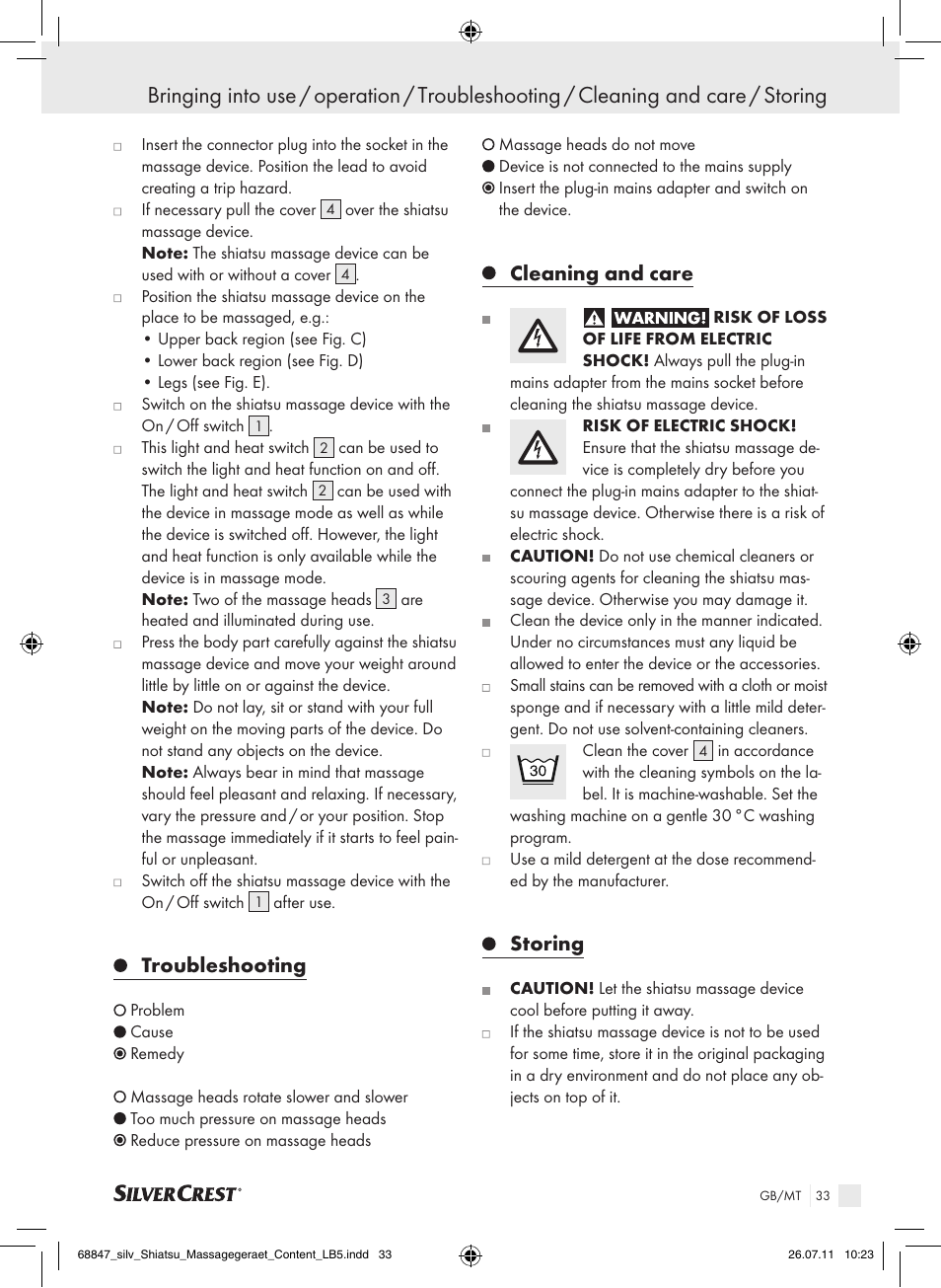 Troubleshooting, Cleaning and care, Storing | Silvercrest SSM 141 B2 User Manual | Page 29 / 38