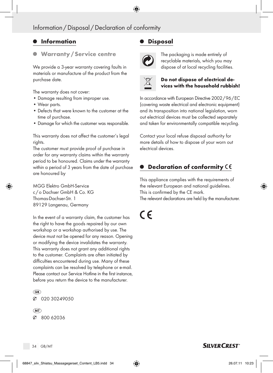 Information / disposal / declaration of conformity, Information, Warranty / service centre | Disposal, Declaration of conformity | Silvercrest SSM 141 B2 User Manual | Page 30 / 38