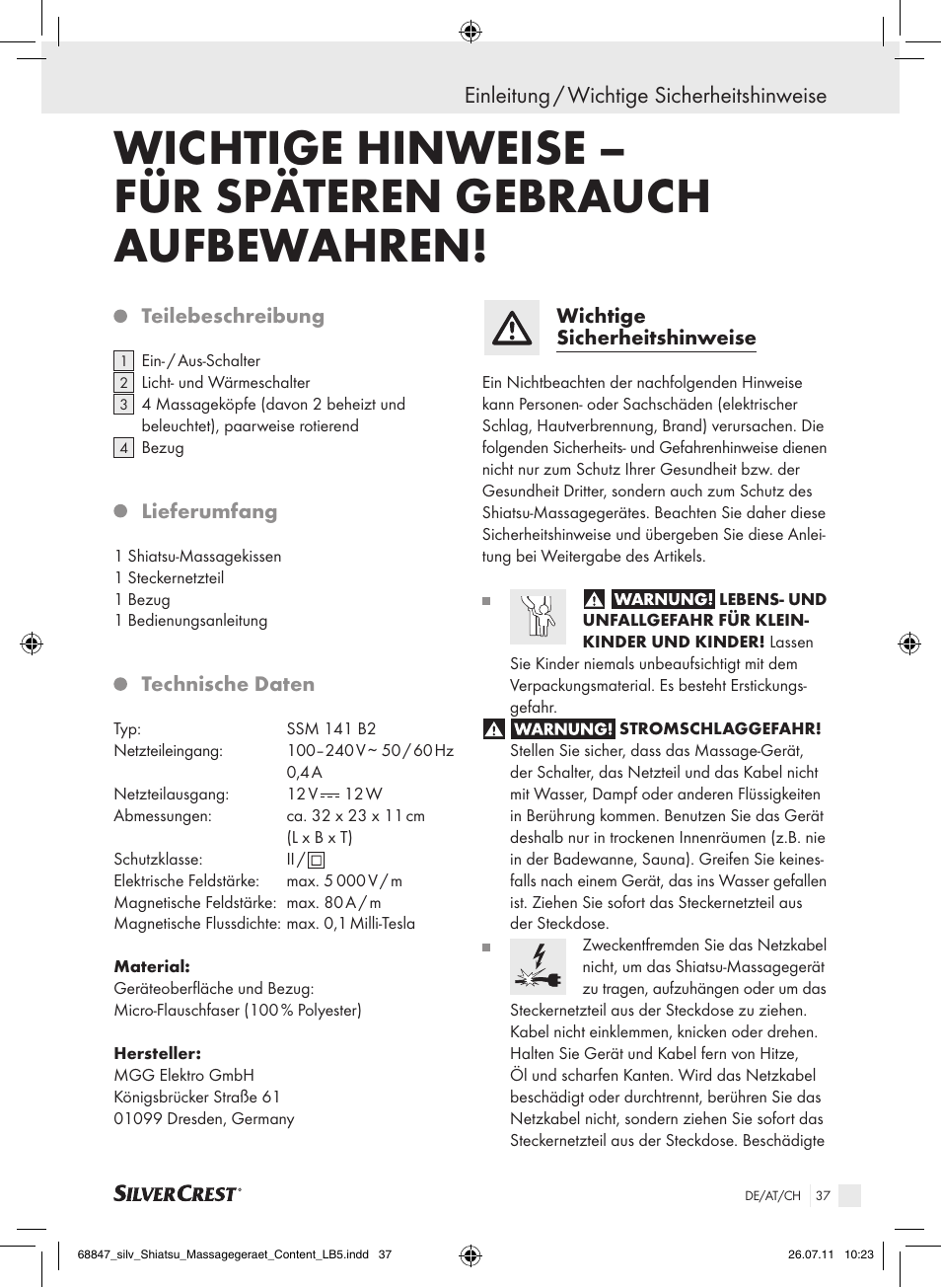 Einleitung / wichtige sicherheitshinweise | Silvercrest SSM 141 B2 User Manual | Page 33 / 38
