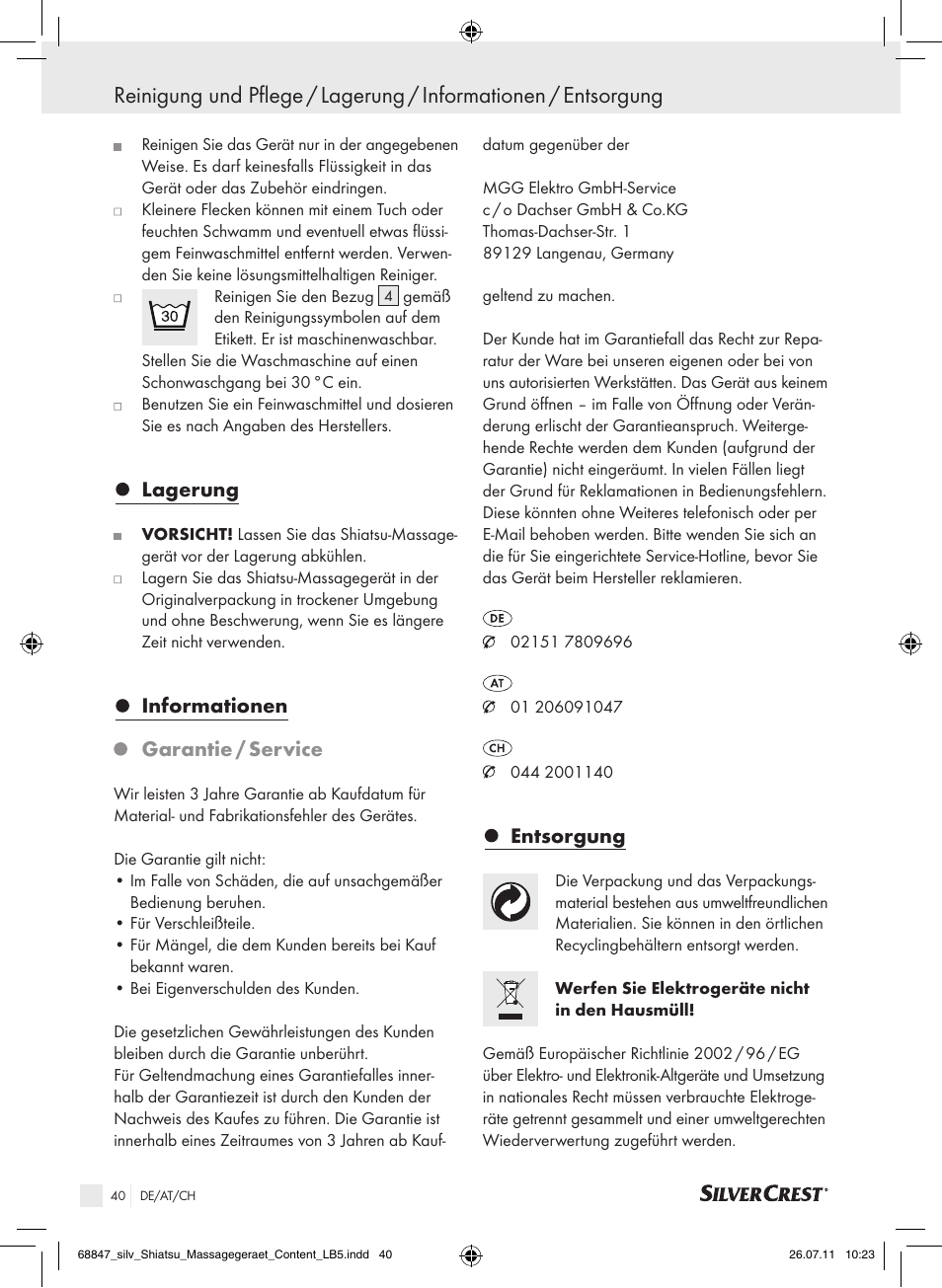 Lagerung, Informationen, Garantie / service | Entsorgung | Silvercrest SSM 141 B2 User Manual | Page 36 / 38