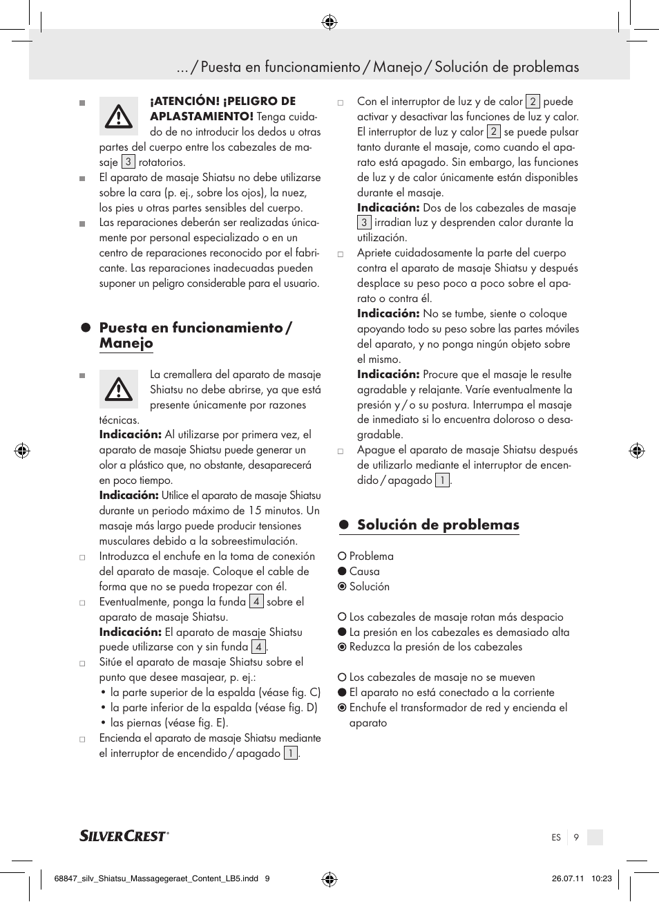 Puesta en funcionamiento / manejo, Solución de problemas | Silvercrest SSM 141 B2 User Manual | Page 5 / 38
