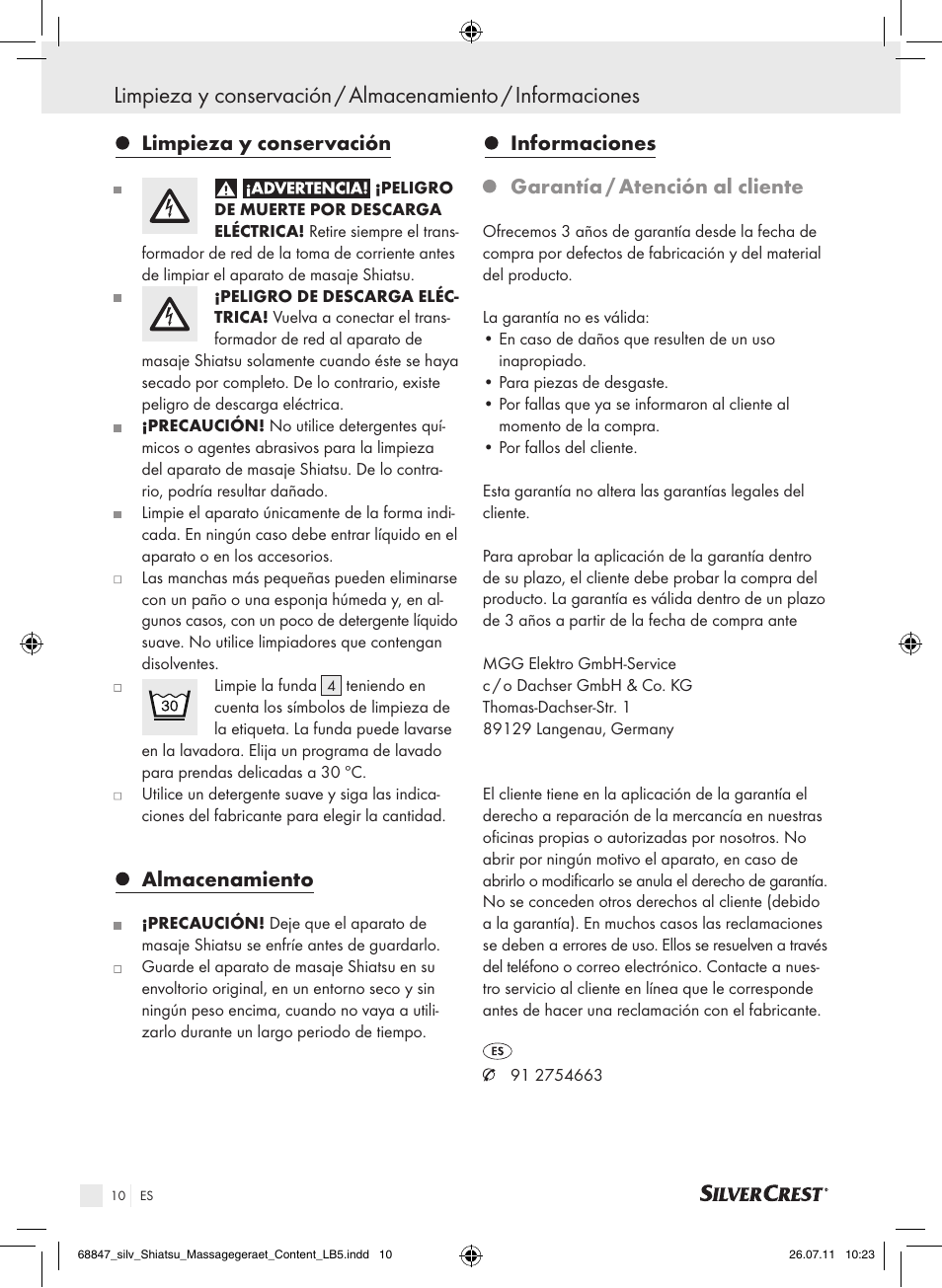 Limpieza y conservación, Almacenamiento, Informaciones garantía / atención al cliente | Silvercrest SSM 141 B2 User Manual | Page 6 / 38